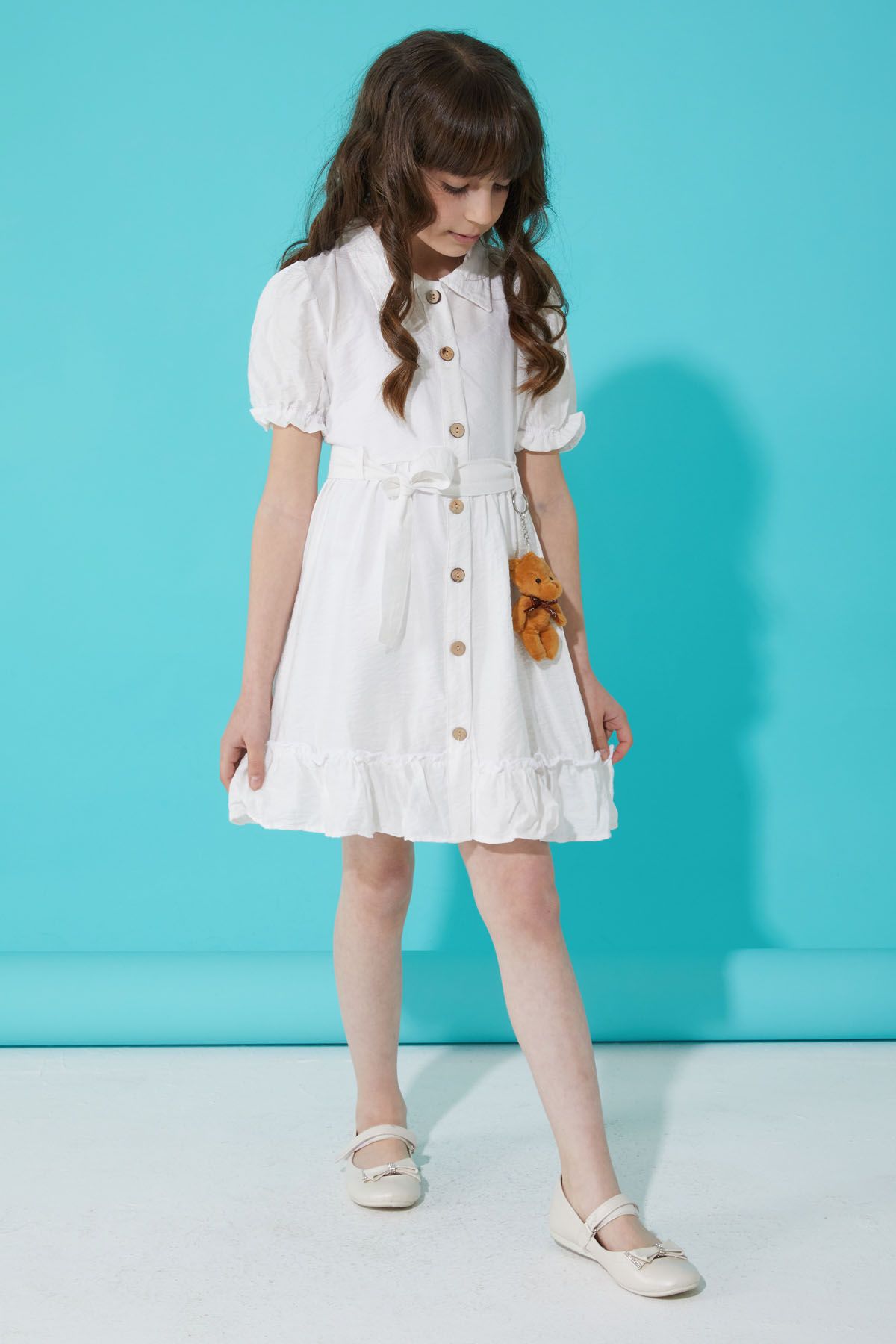 Cansın Mini Beyaz Düğmeli Ayıcıklı Kısa Kollu Kız Çocuk Elbise 15303