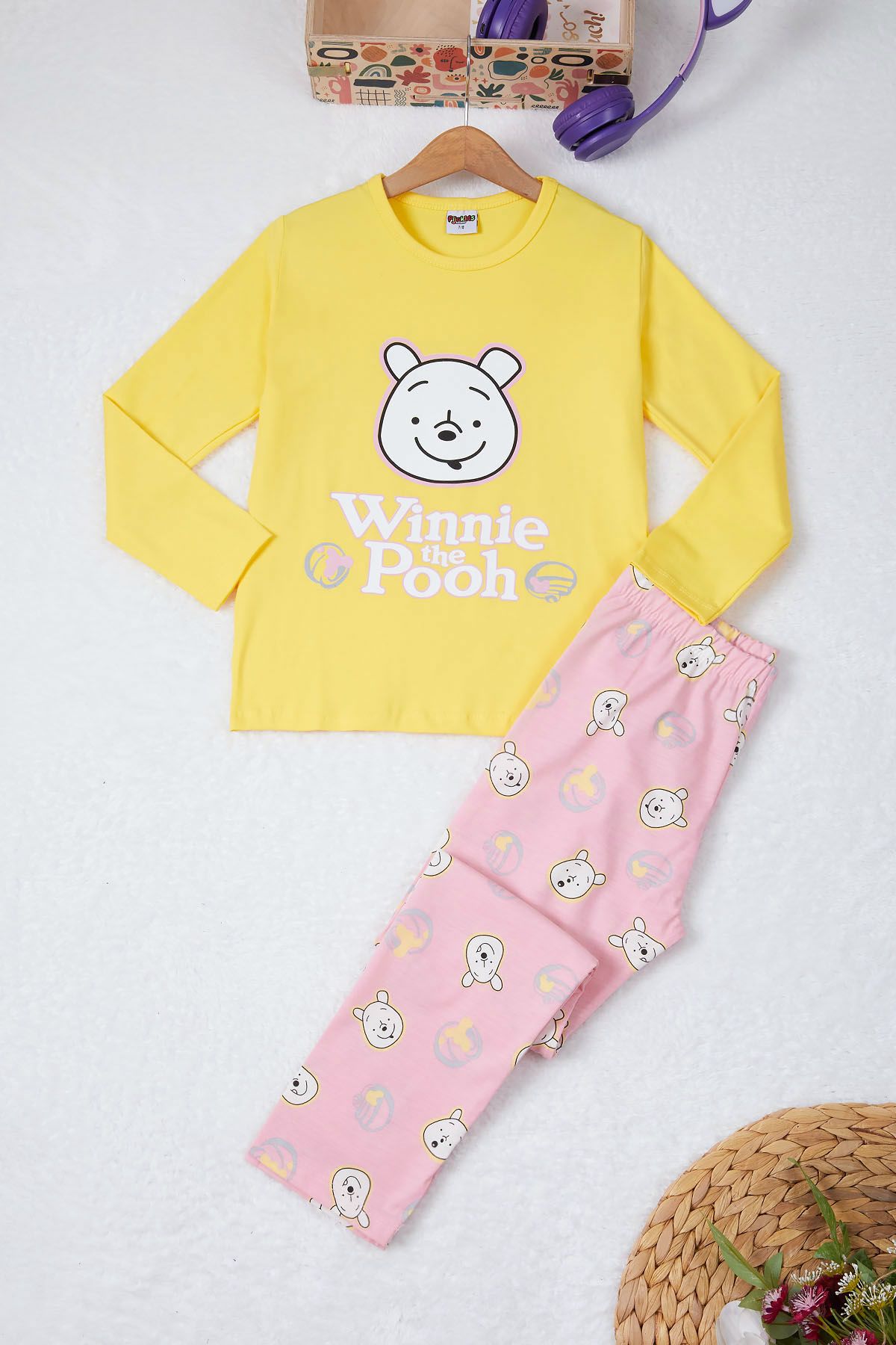 Cansın Mini Sarı Ayıcık Baskılı Yazılı Kız Çocuk Pijama Takımı 16926