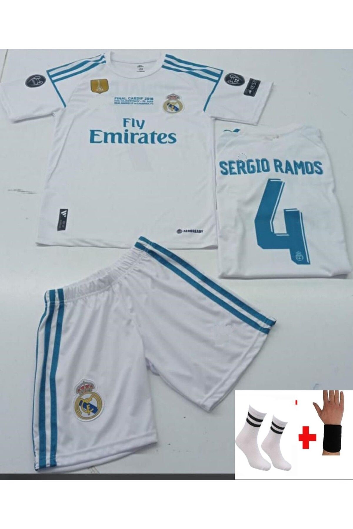 gökmenspor Sergio Ramos 2018 Real Madrid Beyaz 4 Lü Set Çocuk Futbol Forması Retro Forma