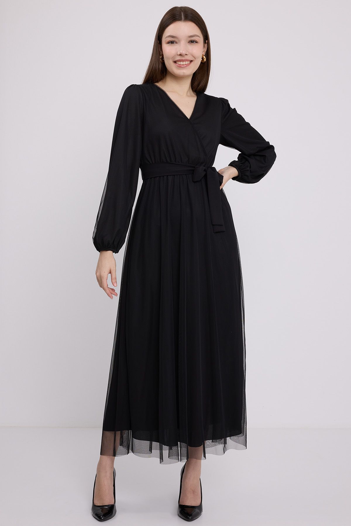 Bigdart Kadın Siyah Kruvaze Yaka Tül Detaylı Şifon Elbise 2484