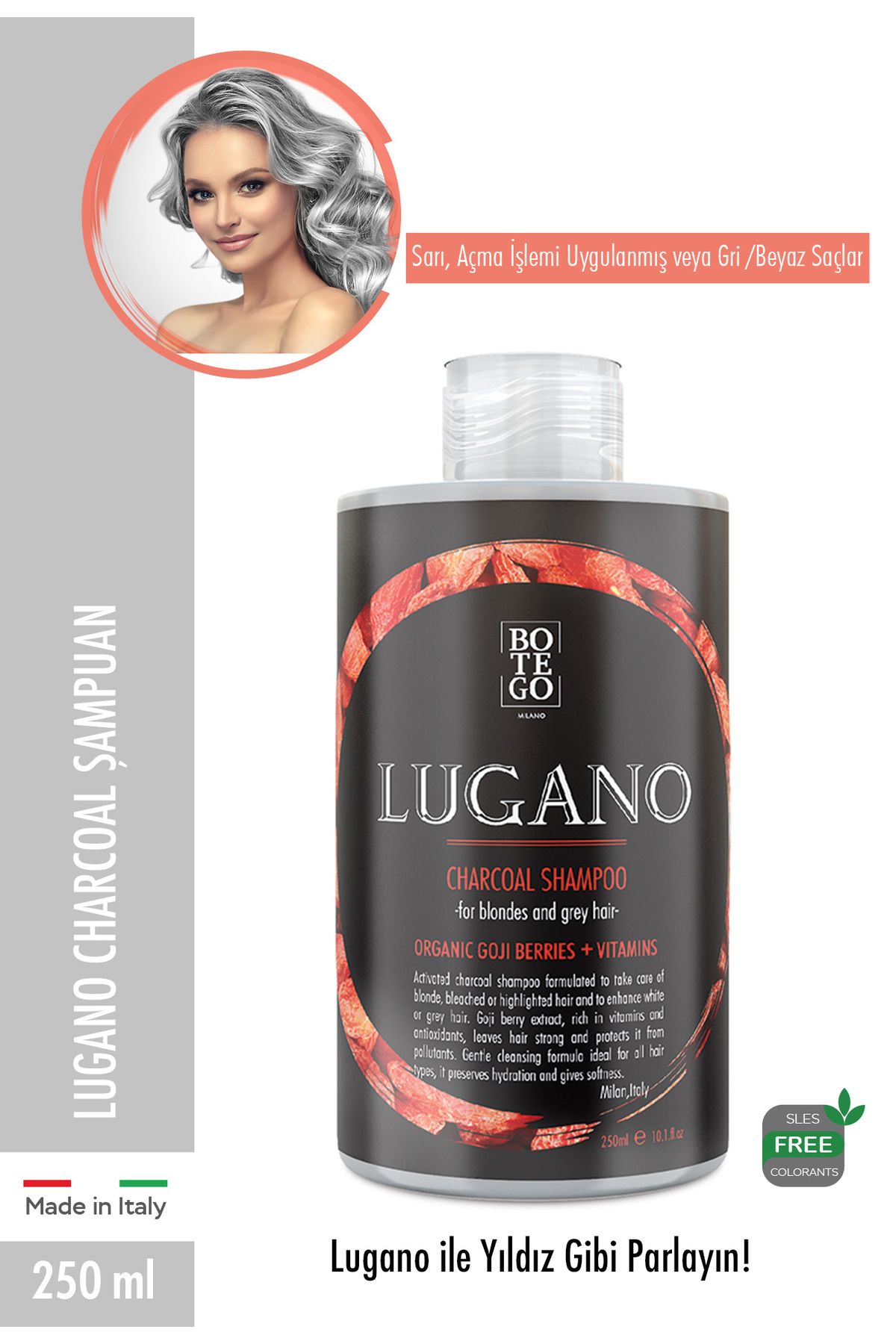 botegohair Lugano Charcoal Kömür Şampuanı 250 ml Ultra Parlaklık Sarı Gri Saçlar