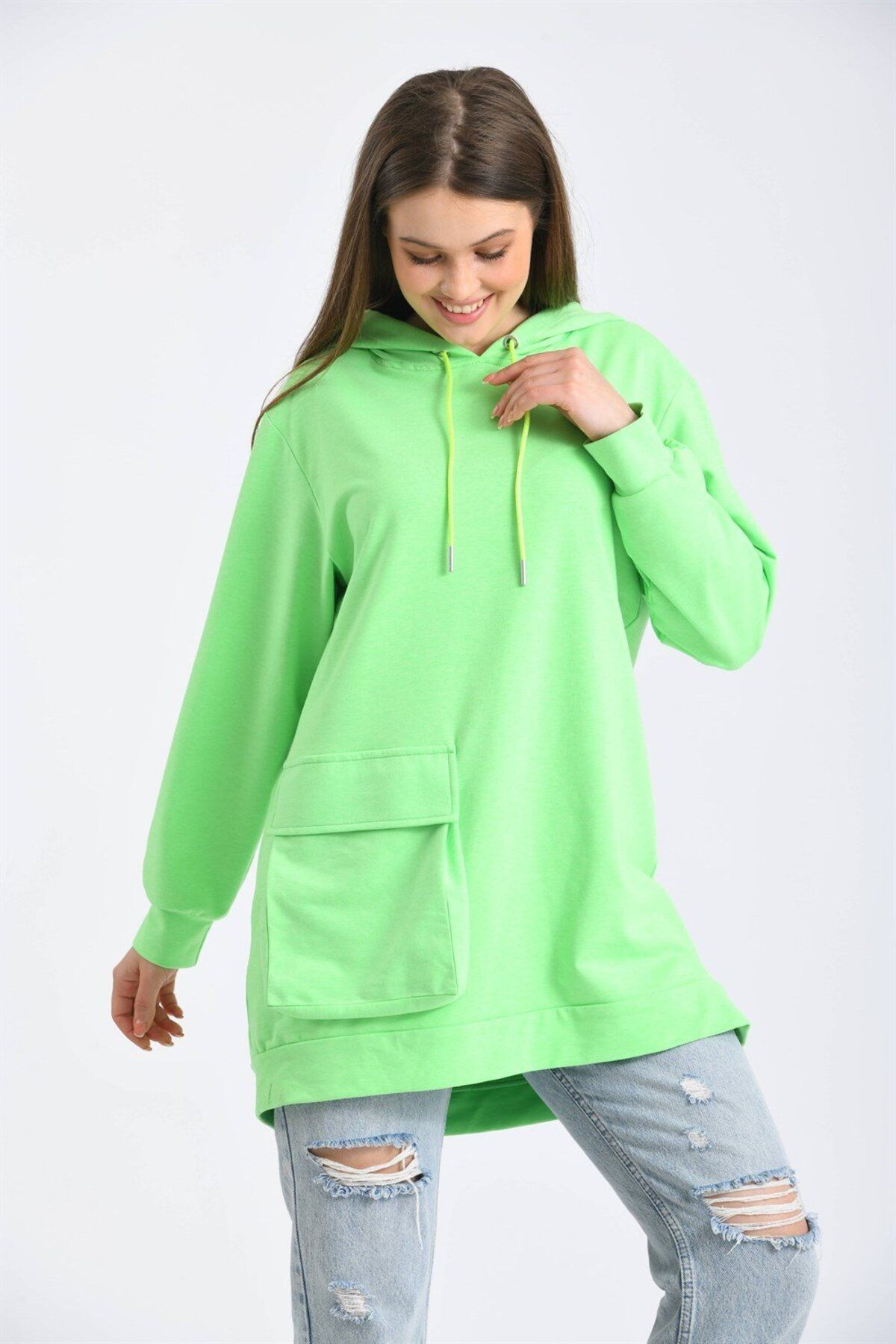 FTZ WOMEN Kadın Iki Ip Kapşonlu Sweatshirt Yeşil 21-8827