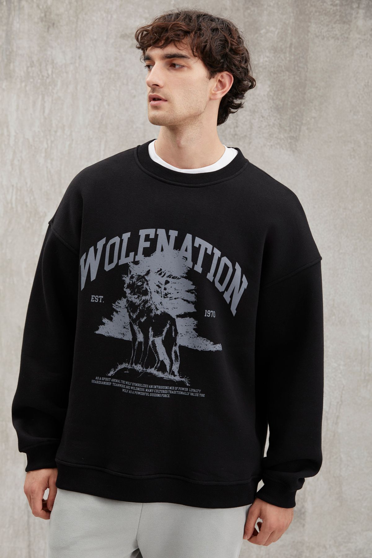 GRIMELANGE Carsten Erkek Yumuşacık Kumaşlı Oversize Fit Yuvarlak Yakalı Kolej Baskılı Siyah Sweatshirt