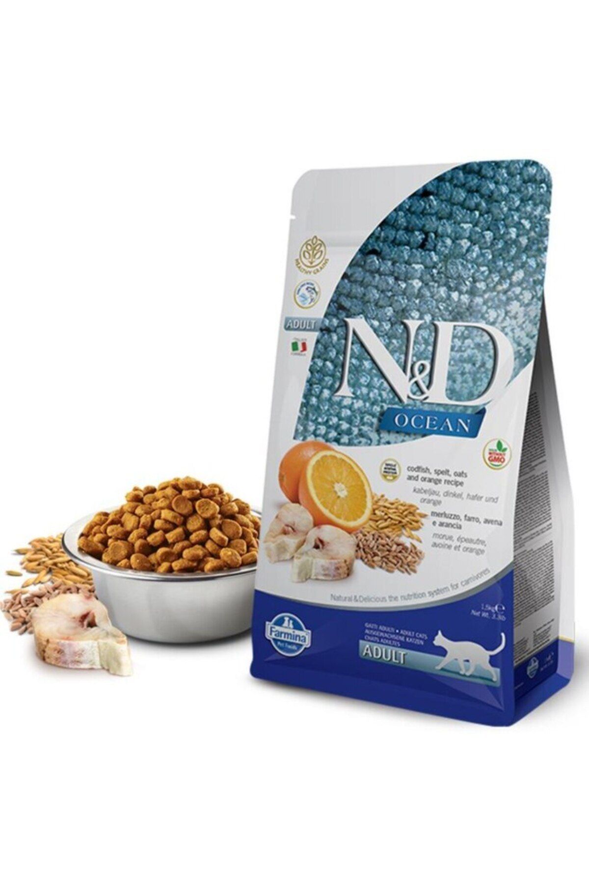 N & D Ocean Düşük Tahıllı Morina Balığı Ve Portakallı Yetişkin Kedi Kuru Maması 1,5 Kg
