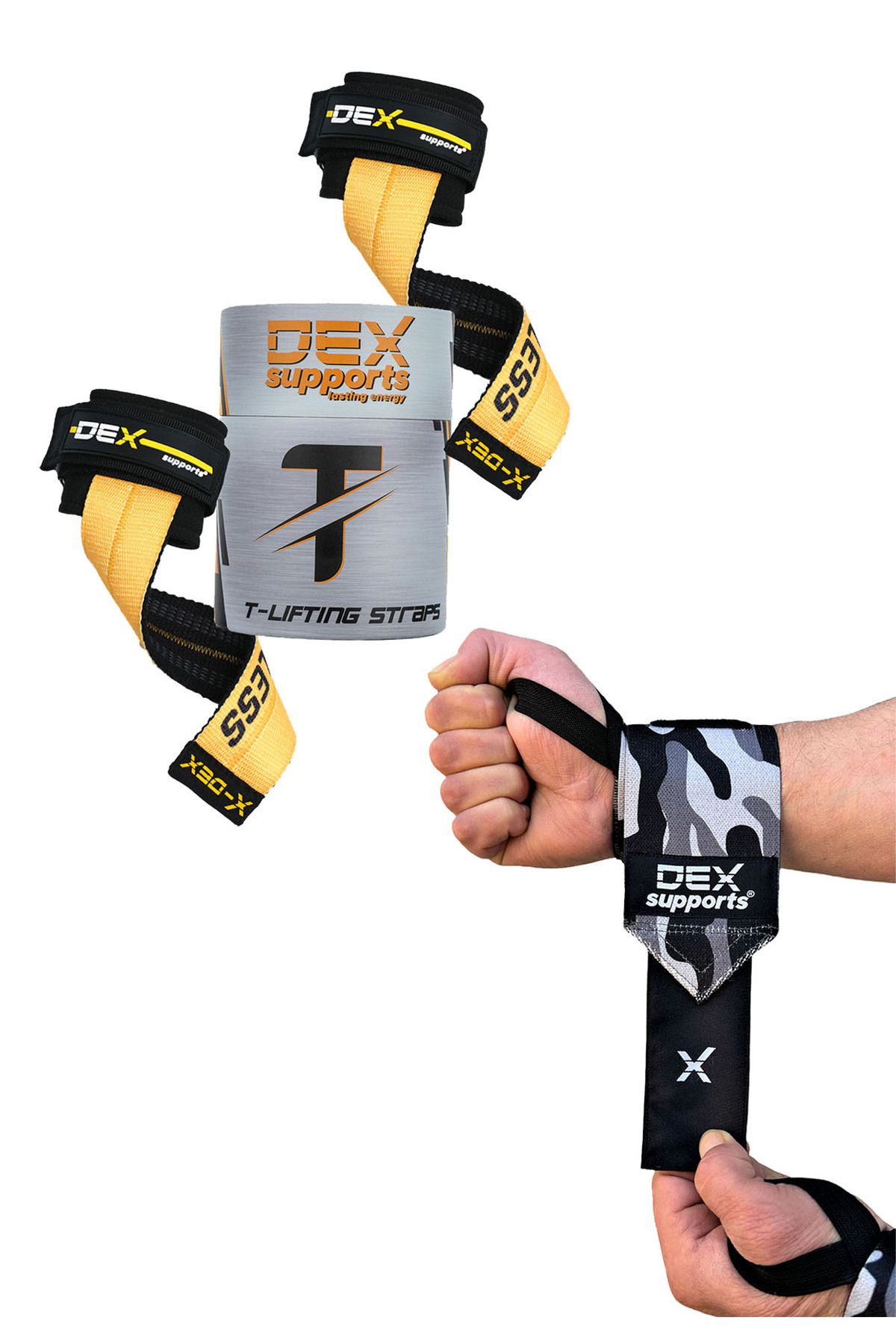 Dex Supports Lasting Energy Kamuflaj Wrist Wraps Spor Bilek Bandajı + Halter Kayışı G-Grips Lifting Straps 2'li Set
