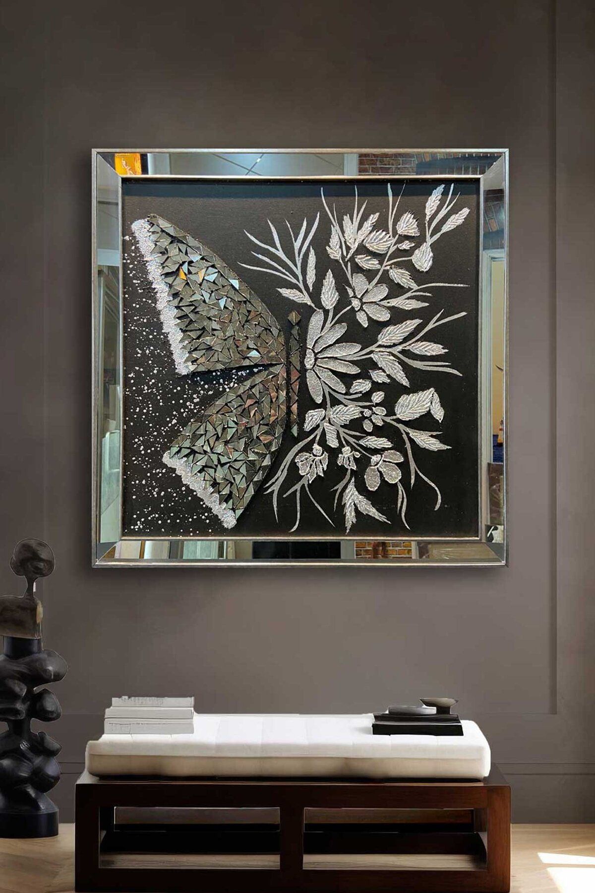 Voovart Çerçeveli Gümüş Aynalı Doku Kabartmalı Kelebek Kanvas Tablo ( 90x90cm ) - ART1077