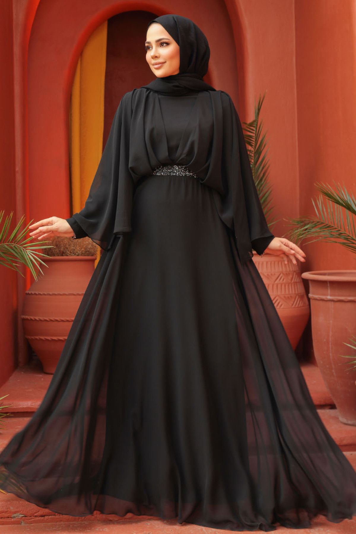 Neva Style Drape Detaylı Siyah Tesettür Abiye Elbise 25891S