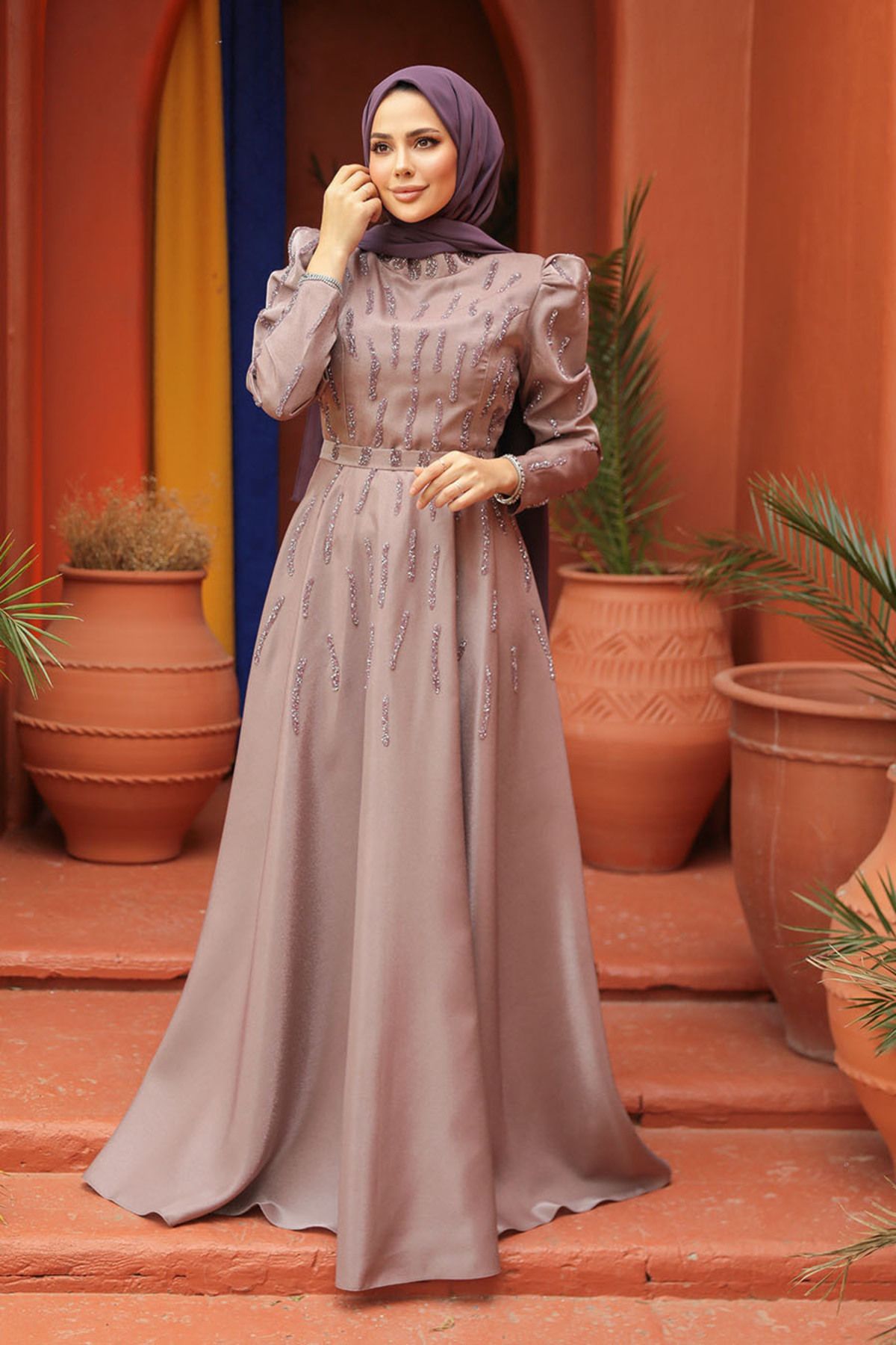 Neva Style Boncuk İşlemeli Vizon Tesettür Abiye Elbise 51891V