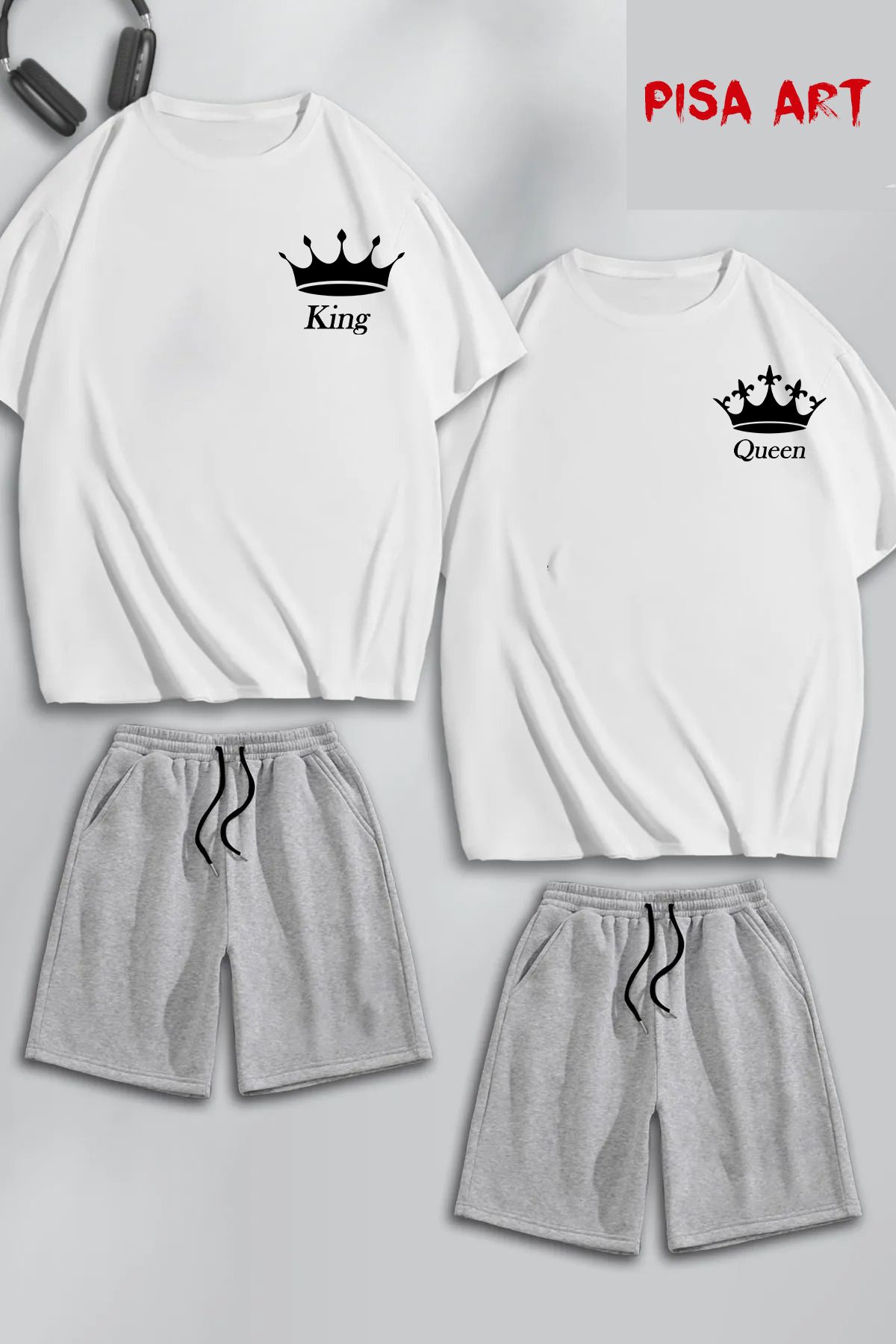 Pisa Art Unisex Sevgili Kombini King Queen Kral Kraliçe Tişört Şort Alt-üst Eşofman Takımı 4'lü Set