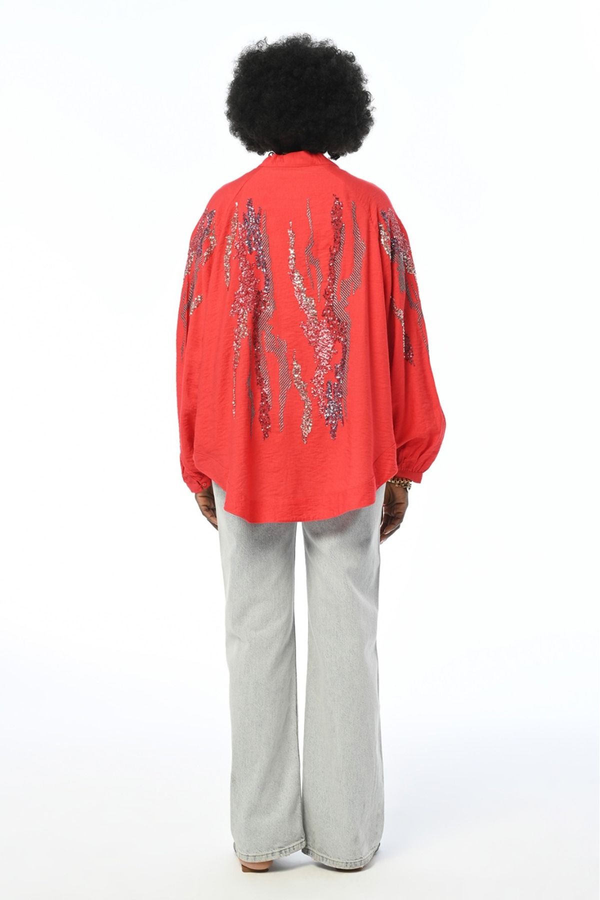 FEMELLE Kadın Mercan Pul Payet Sırtı Ve Kolu Nakış İşlemeli Standart Beden Oversize Kimono Ceket