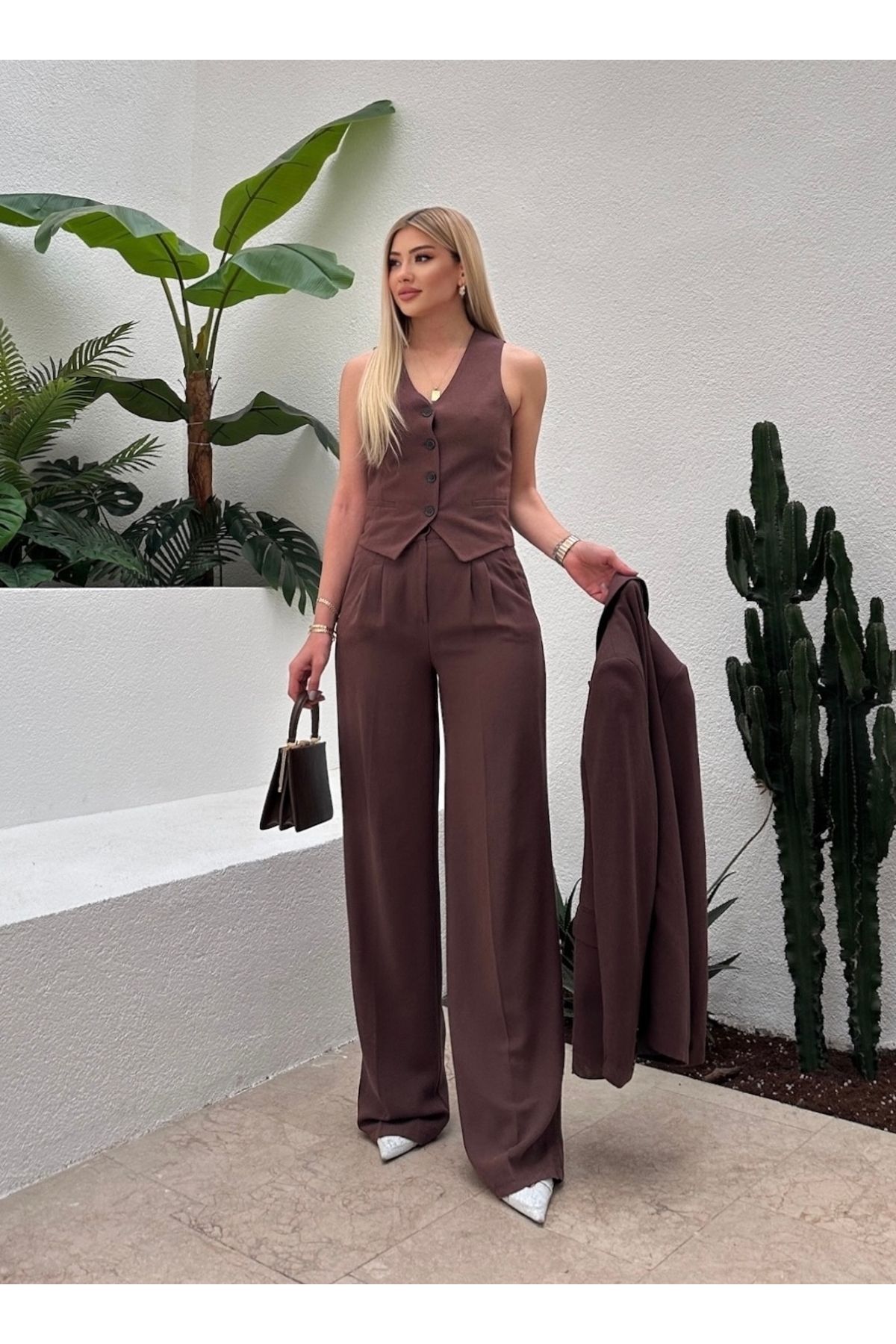 MOCCHI Pantolon Ceket Yelek 3 lü Kadın Keten Kumaş Takım Elbise
