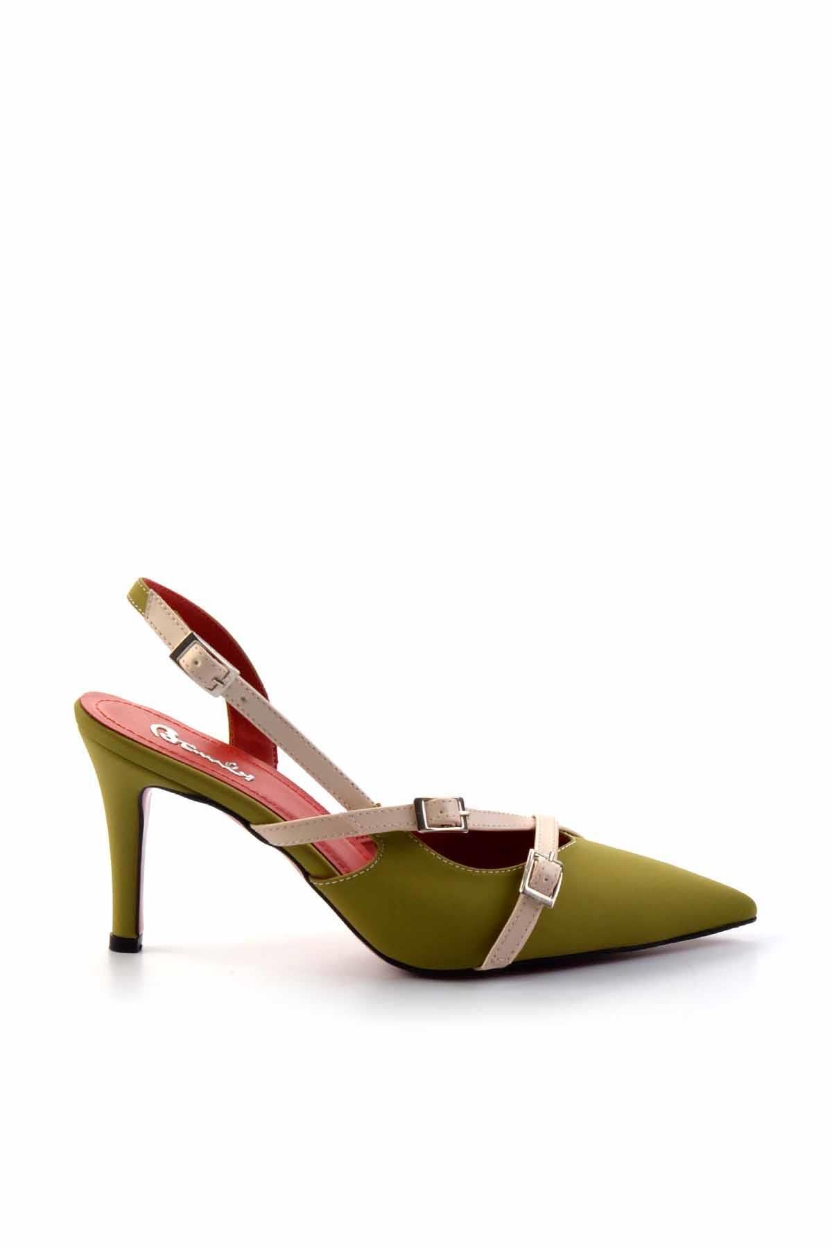 Bambi Yeşil Bej Nubuk   Kadın Klasik Topuklu Ayakkabı K01455018501
