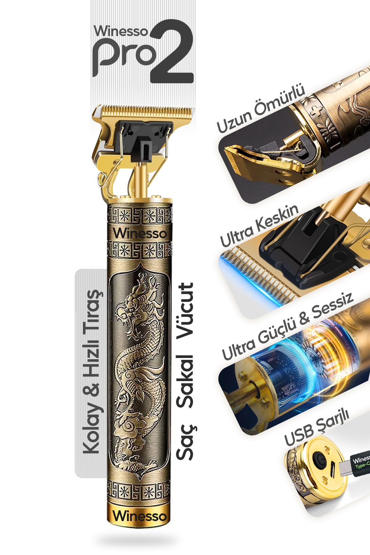 Winesso Tıraş Makinesi Pro2 USB Şarjlı Saç Sakal Vücut Kıl Tüy Alma Kadın Erkek Epilasyon Berber & Kişisel