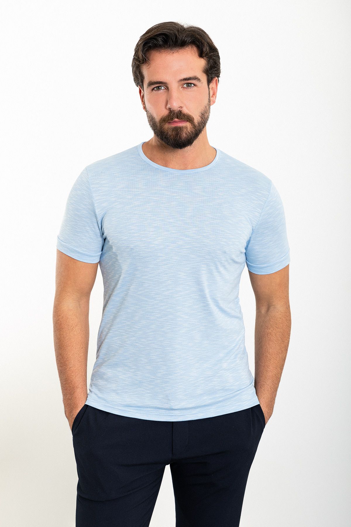 Mcr Kırçıllı Mavi Slim Fit Bisiklet Yaka Erkek T-shirt