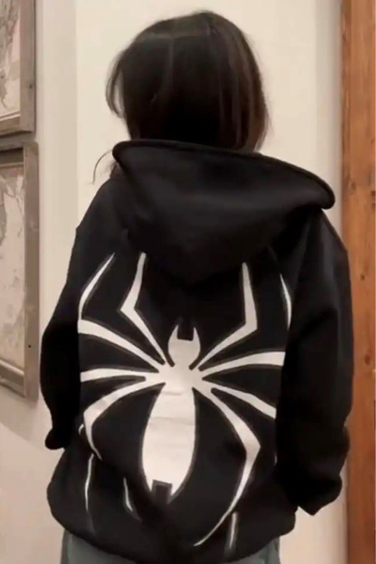 Boi Büyük Örümcek Sweatshirt Fermuarlı Hırka - Siyah Baskılı Oversize Cepli Bol kesim Kapüşonlu