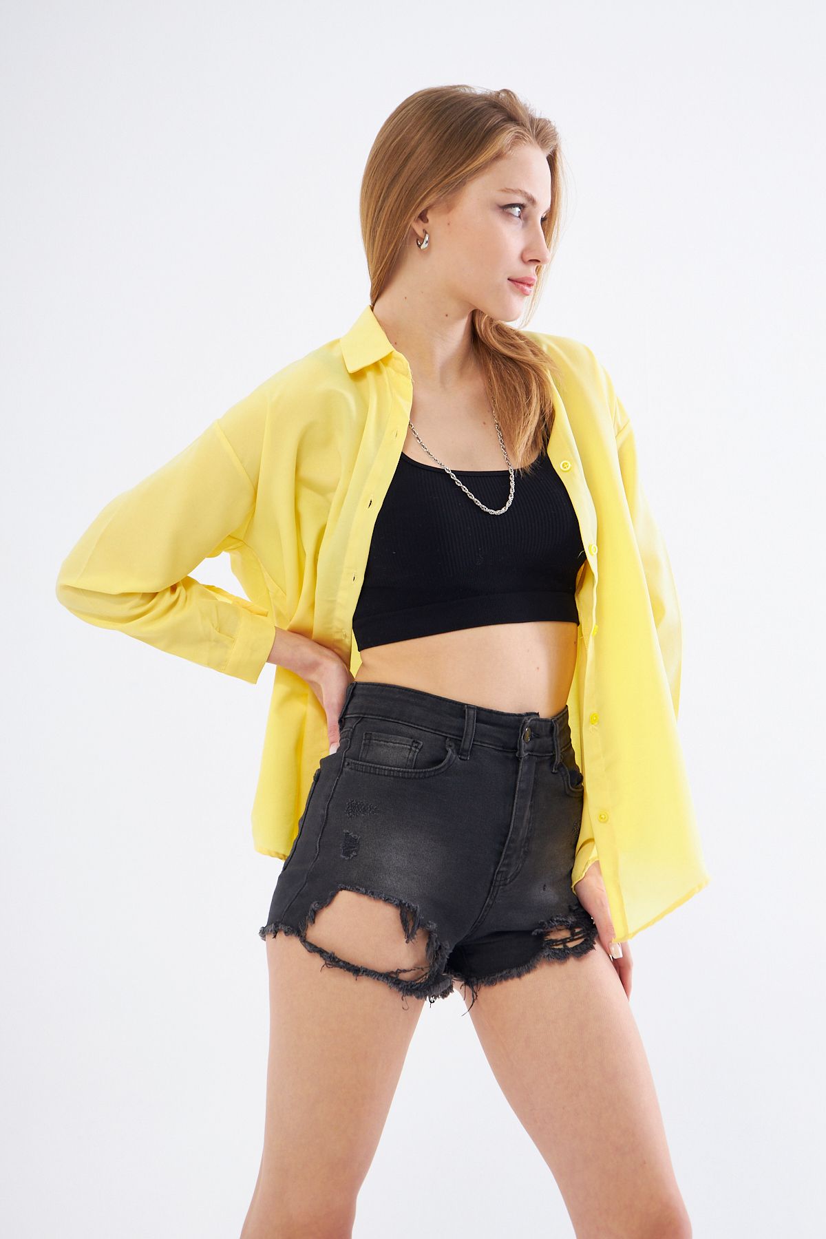 brako tekstil Kadın Sarı Oversize Uzun Basic Gömlek