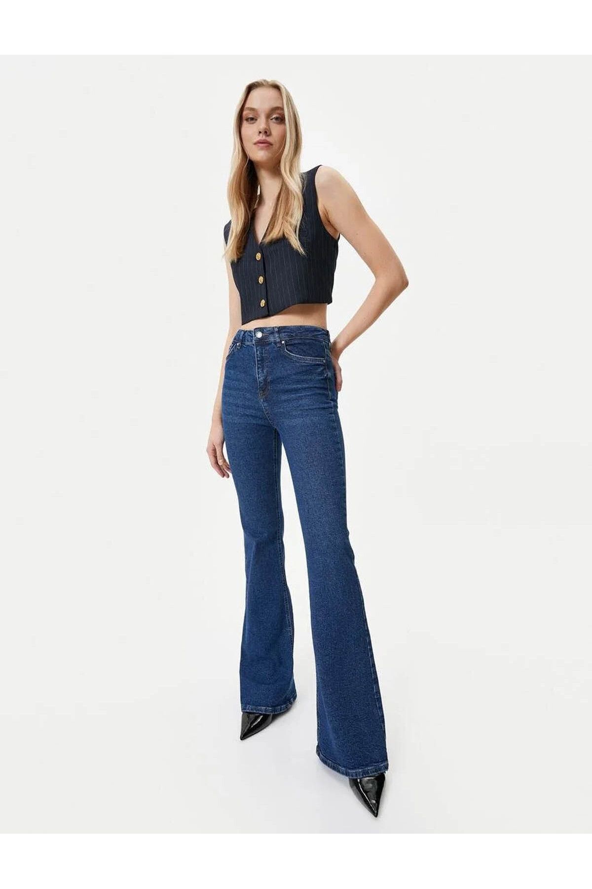 Koton İspanyol Paça Kot Pantolon Dar Kesim Yüksek Bel Esnek Pamuklu Cepli - Victoria Slim Jean
