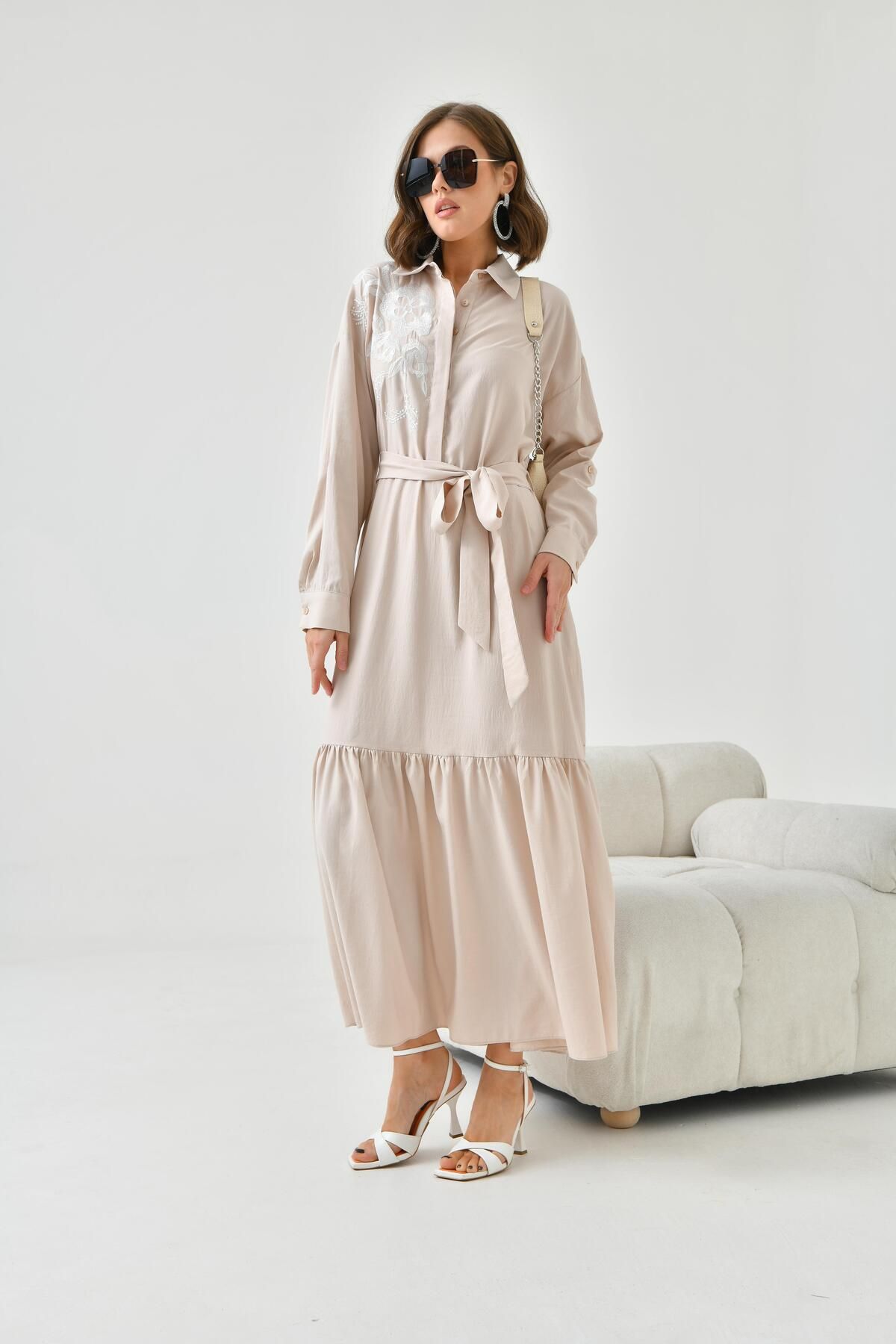FTZ WOMEN Kadın Nakışlı Elbise Taş 30765