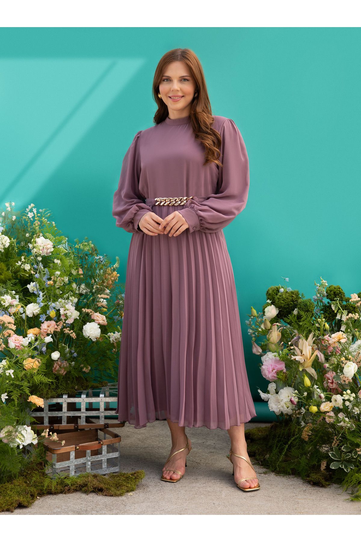 Alia Zincir Kemer/ Plise Detaylı Büyük Beden Şifon Abiye Elbise - Vintage mor - Alia