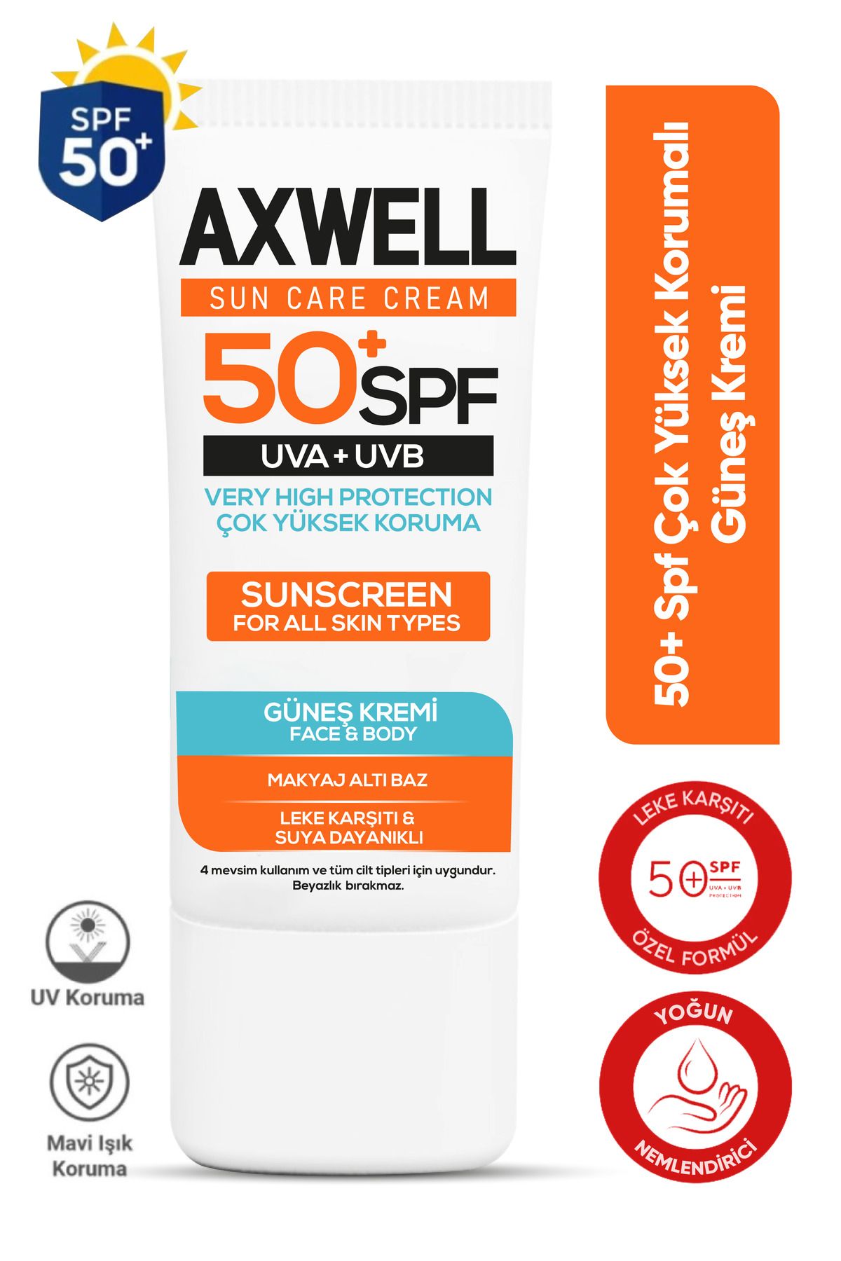 AXWELL Spf 50+ Leke Karşıtı Nemlendirici Yüksek Koruma Güneş Kremi 50 ml