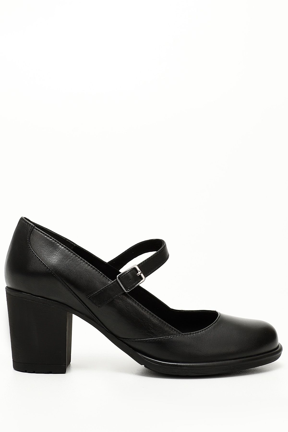 GÖNDERİ(R) Siyah Gön Hakiki Deri Yuvarlak Burun Orta Topuklu Kauçuk Taban Kadın Ayakkabı 24136