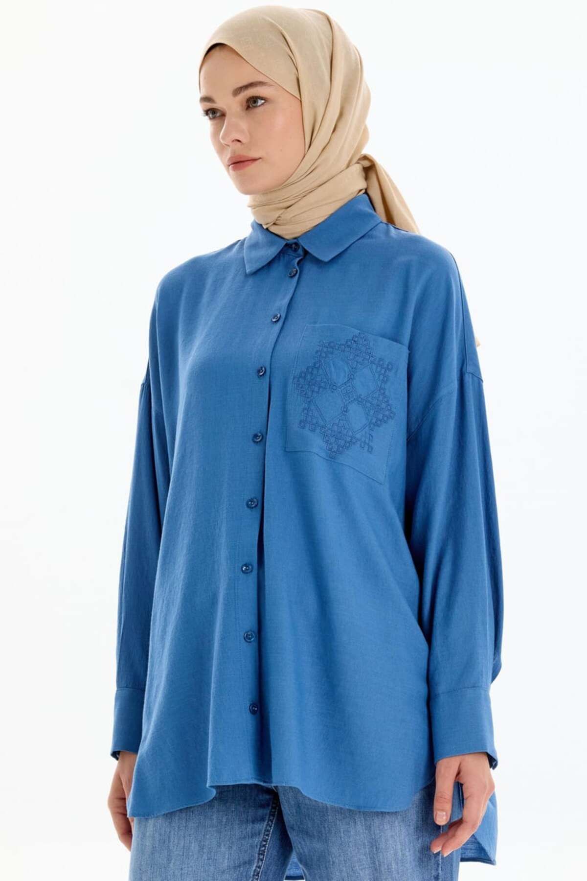 Tuğba Nakışlı Cep Detaylı Gömlek - Mavi