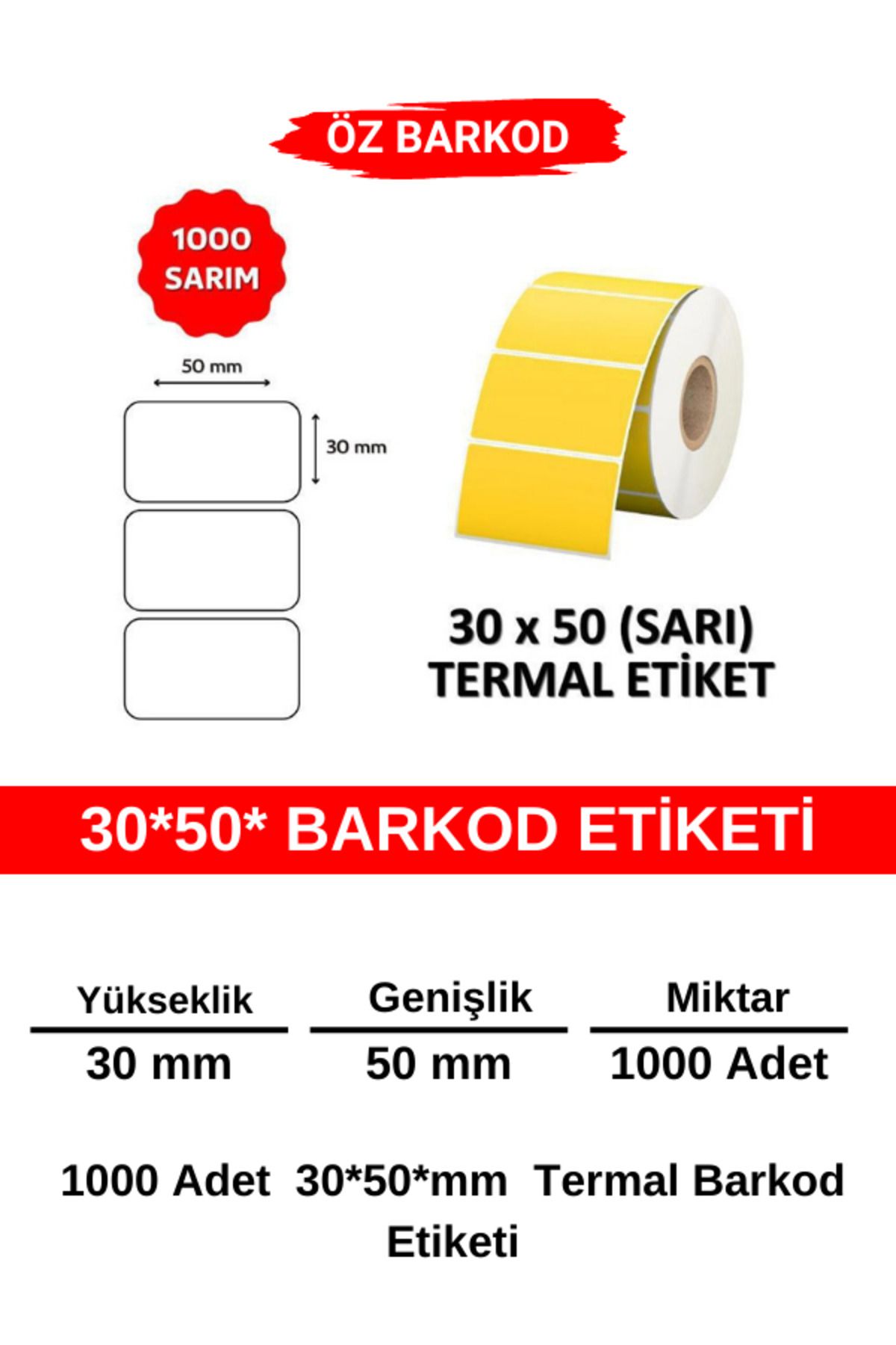 ÖZ BARKOD Barkod Etiketi 30x50 - 1000 Adet - Sarı Etiket