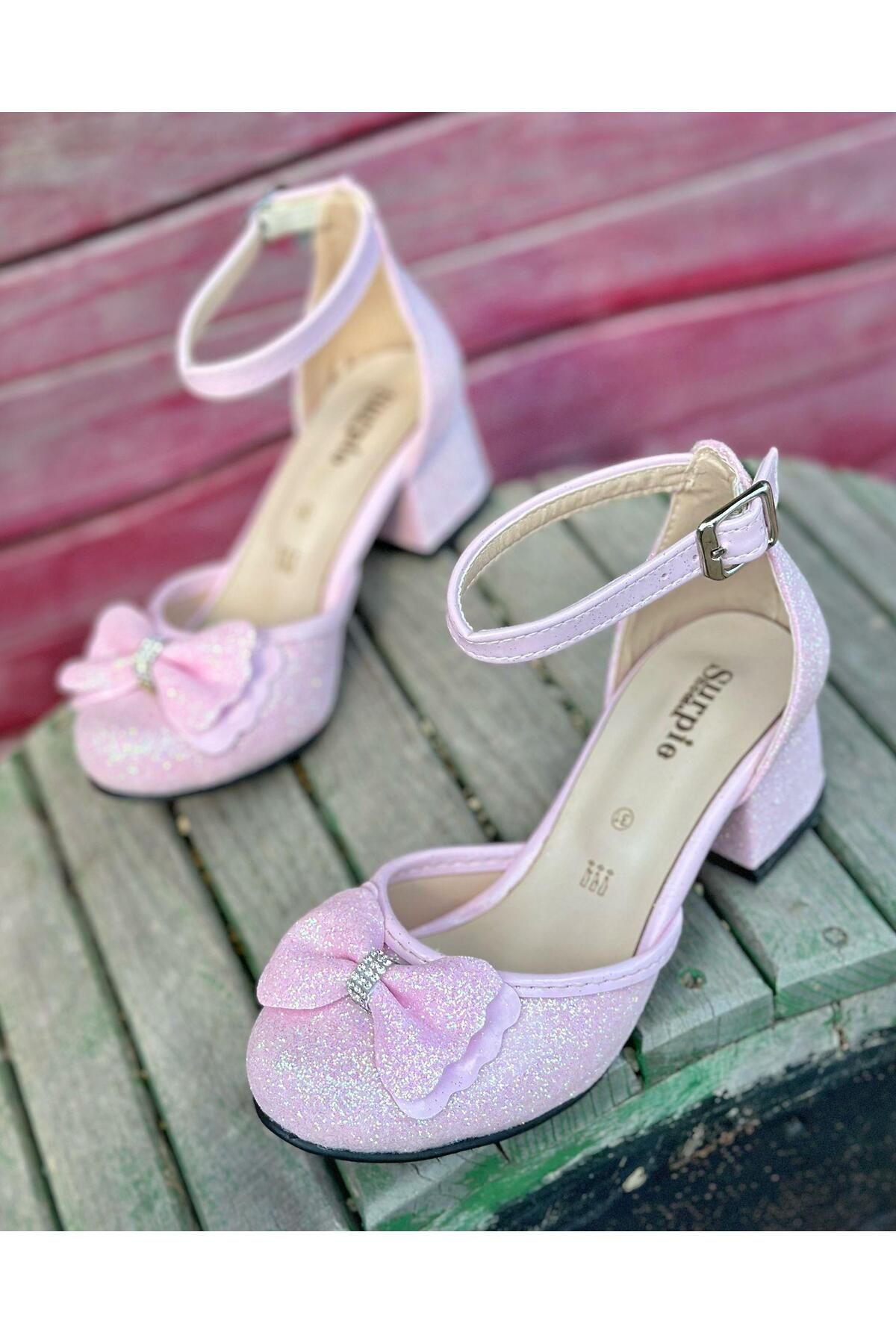 Surpie Shoes Kız Çocuk Topuklu Ayakkabı, Simli Fiyonklu Topuklu Ayakkabı