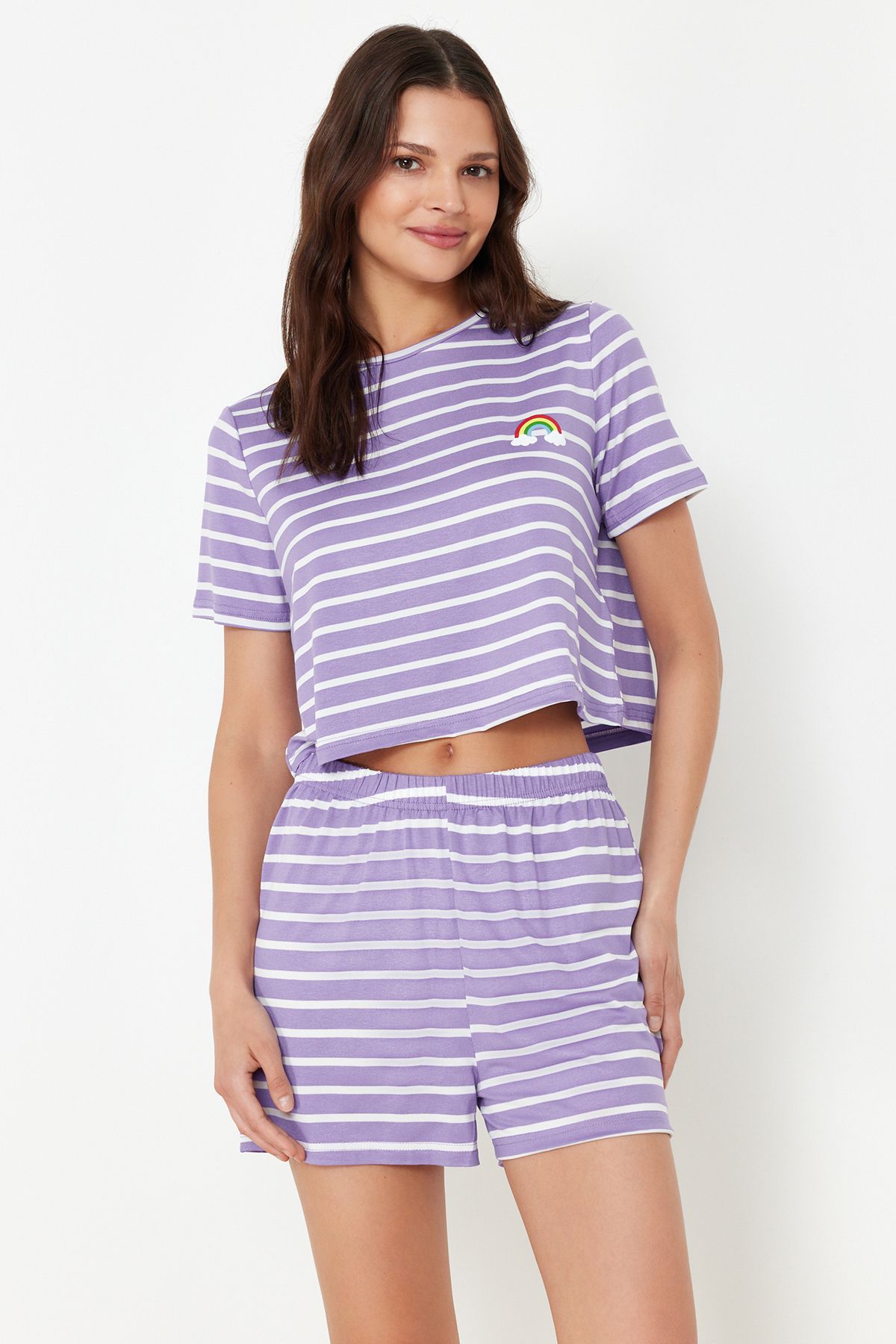 TRENDYOLMİLLA Lila Gökkuşağı Baskılı T-shirt-Şort Örme Pijama Takımı THMSS20PT0230