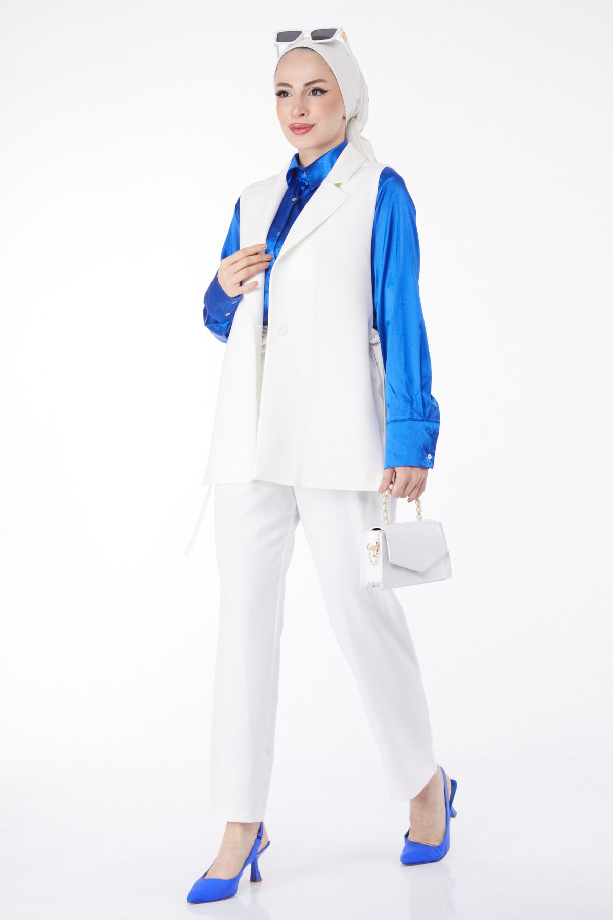 TOFİSA Düz Ceket Yaka Kadın Beyaz Sıfır Kol Blazer Ceket - 25033