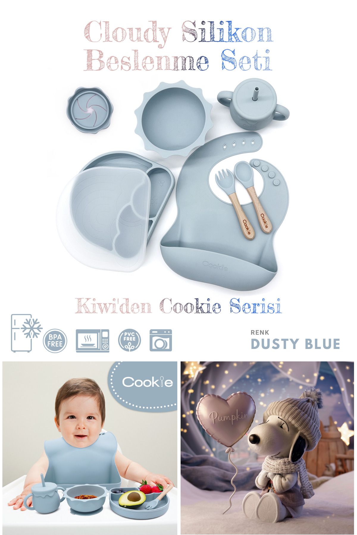 Kiwi Cloudy 11 Parça Full Silikon Bebek Beslenme Seti: Güvenli, Esnek, BPA / PVC İçermez, Doğal
