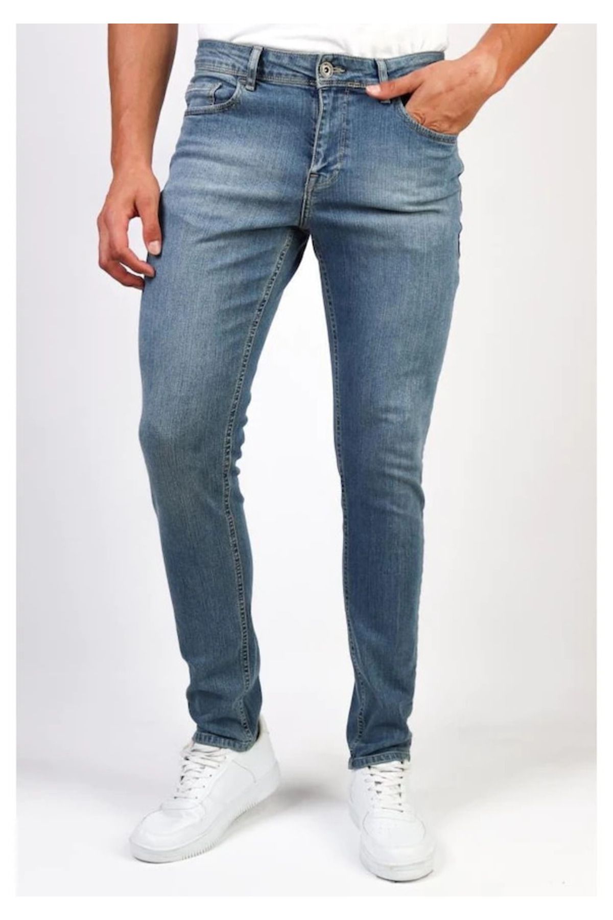 HLT JEANS Erkek Açık Mavi Taşlamalı Slim Fit Denim Jeans Kot Pantolon Hlthe001943a