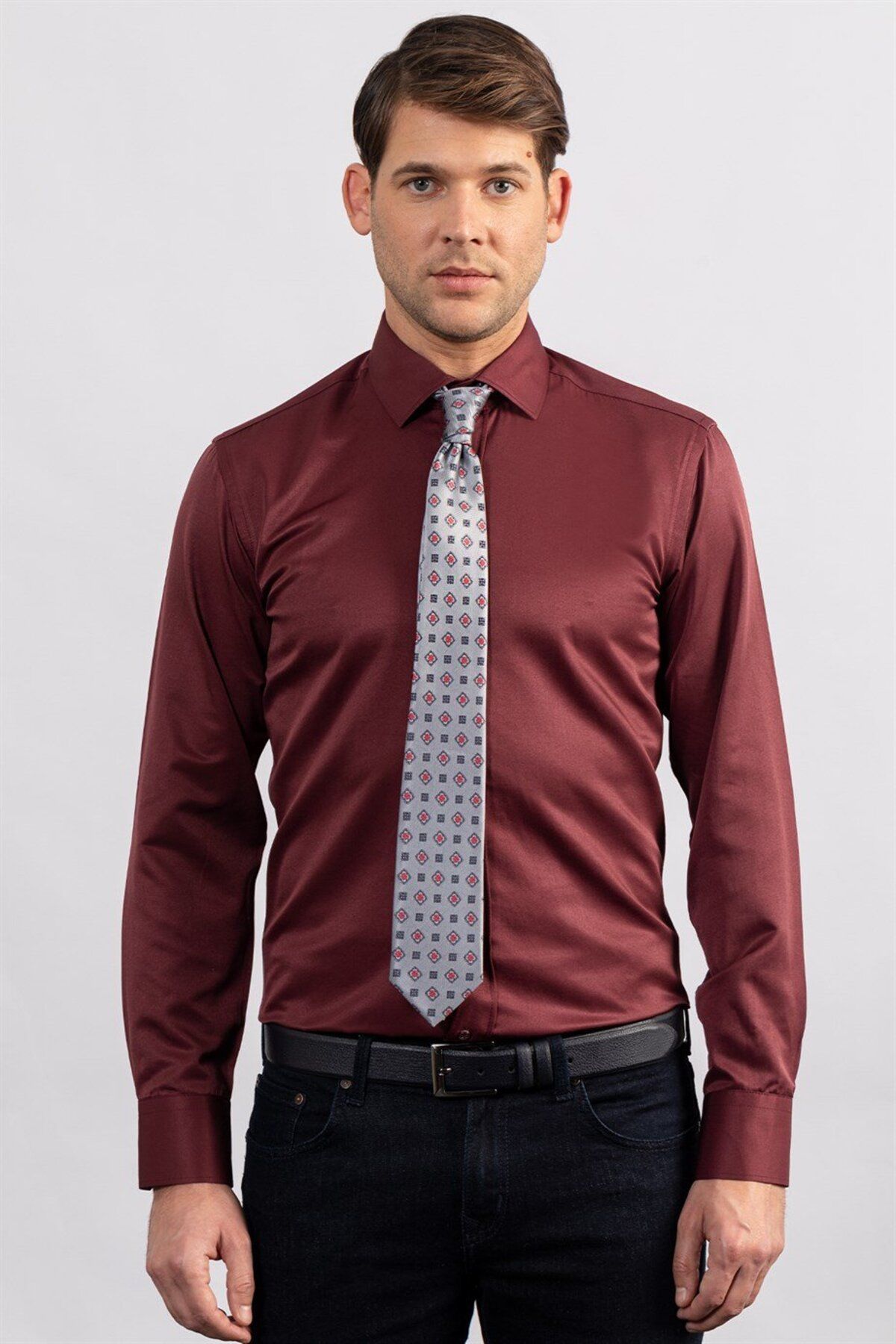 Tudors Modern Slim Fit Uzun Kollu Düz Saten Pamuklu Erkek Bordo Gömlek