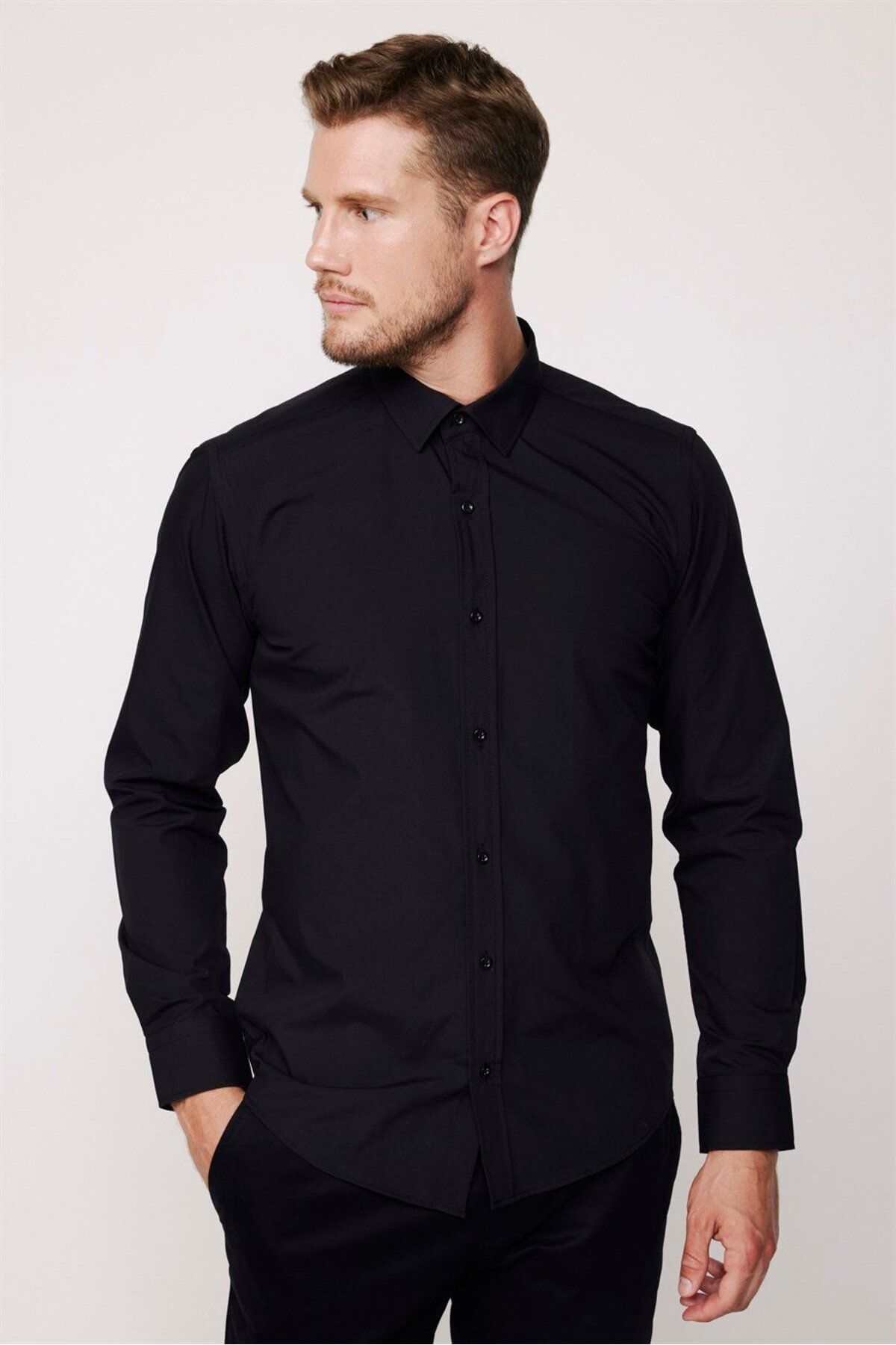 Tudors Modern Slim Fit Uzun Kollu Pamuklu Kolay Ütü Erkek Siyah Gömlek