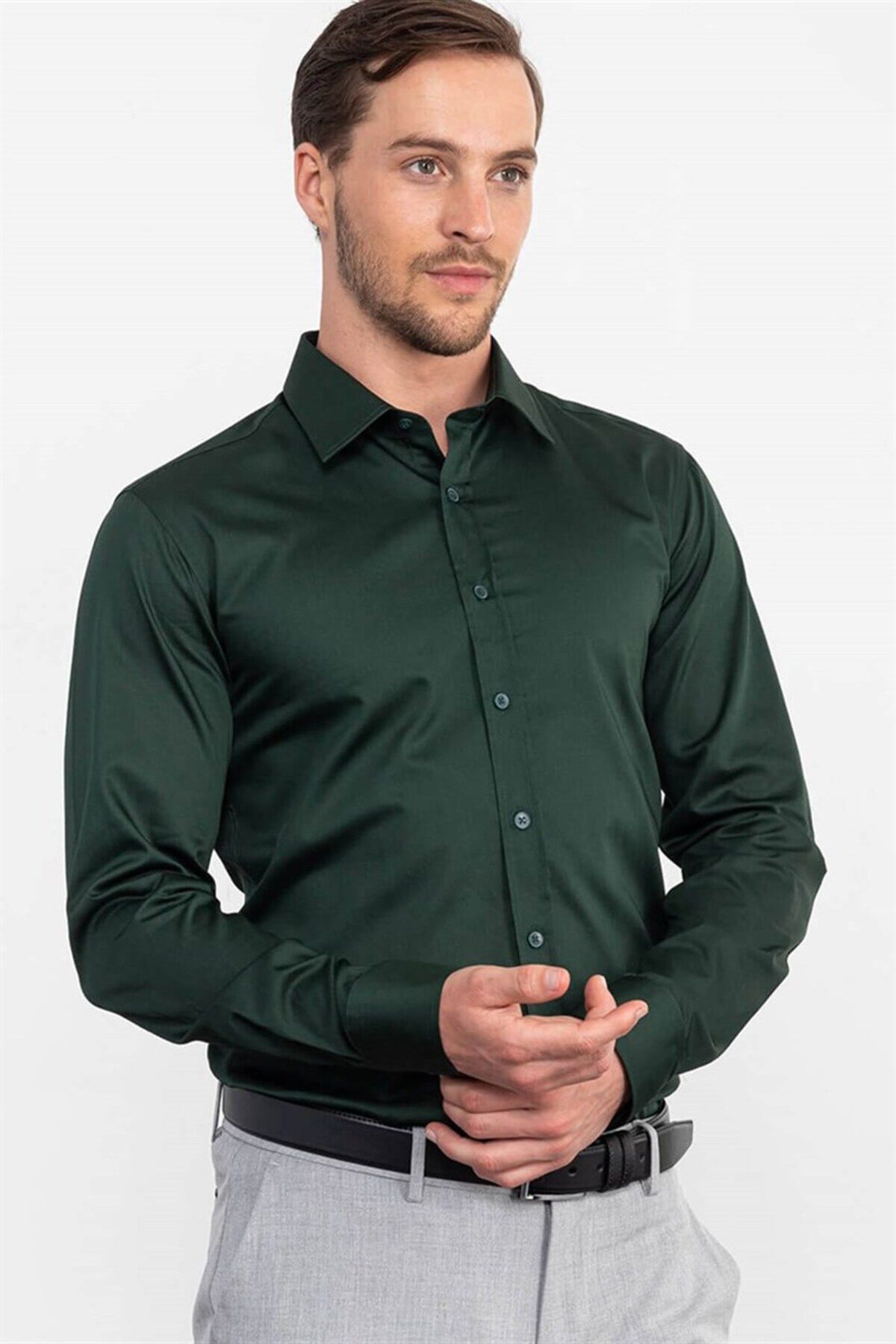 Tudors Modern Slim Fit Uzun Kollu Pamuk Saten Erkek Yeşil Gömlek