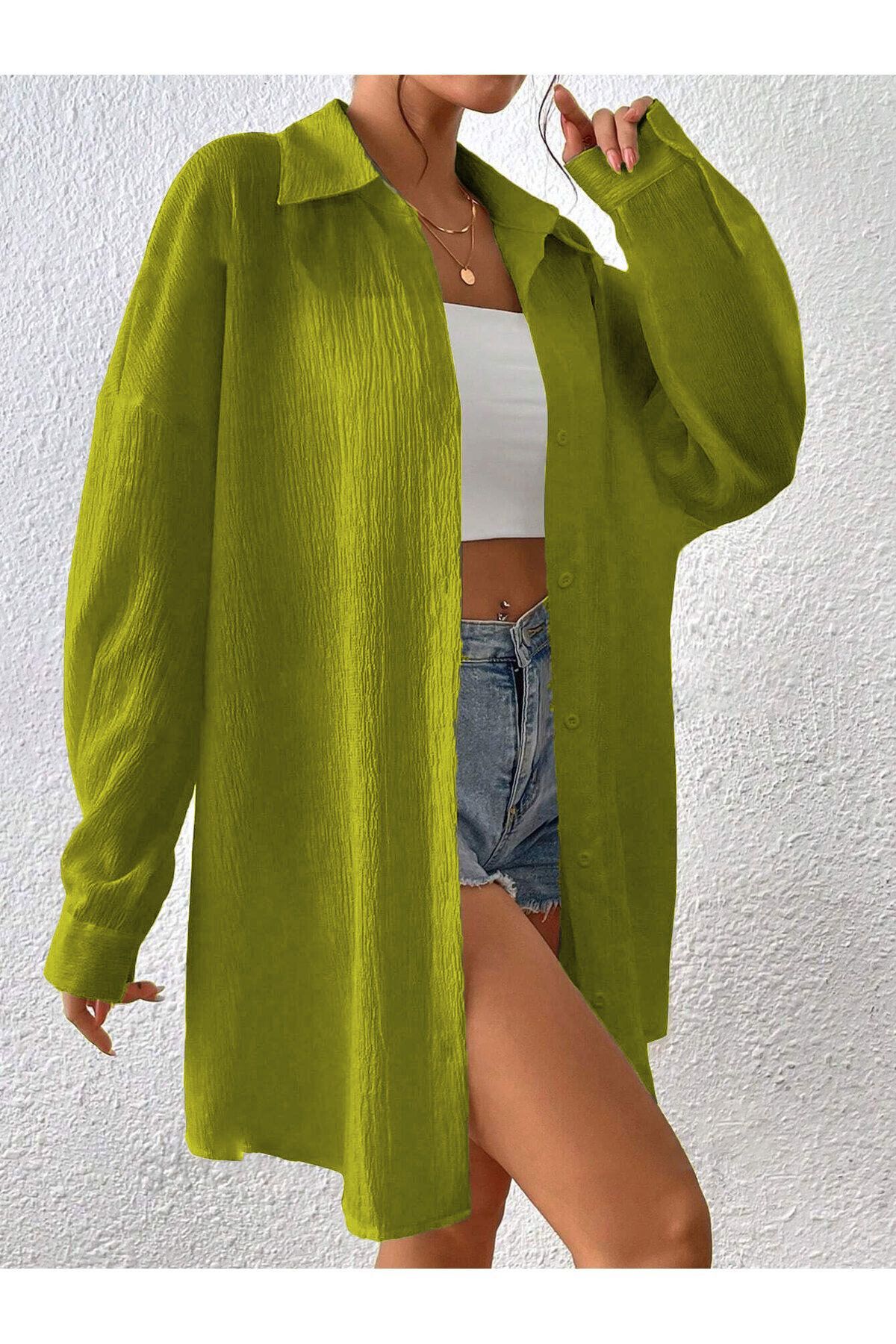 Know Kadın Yağ Yeşili Oversize Uzun Gömlek