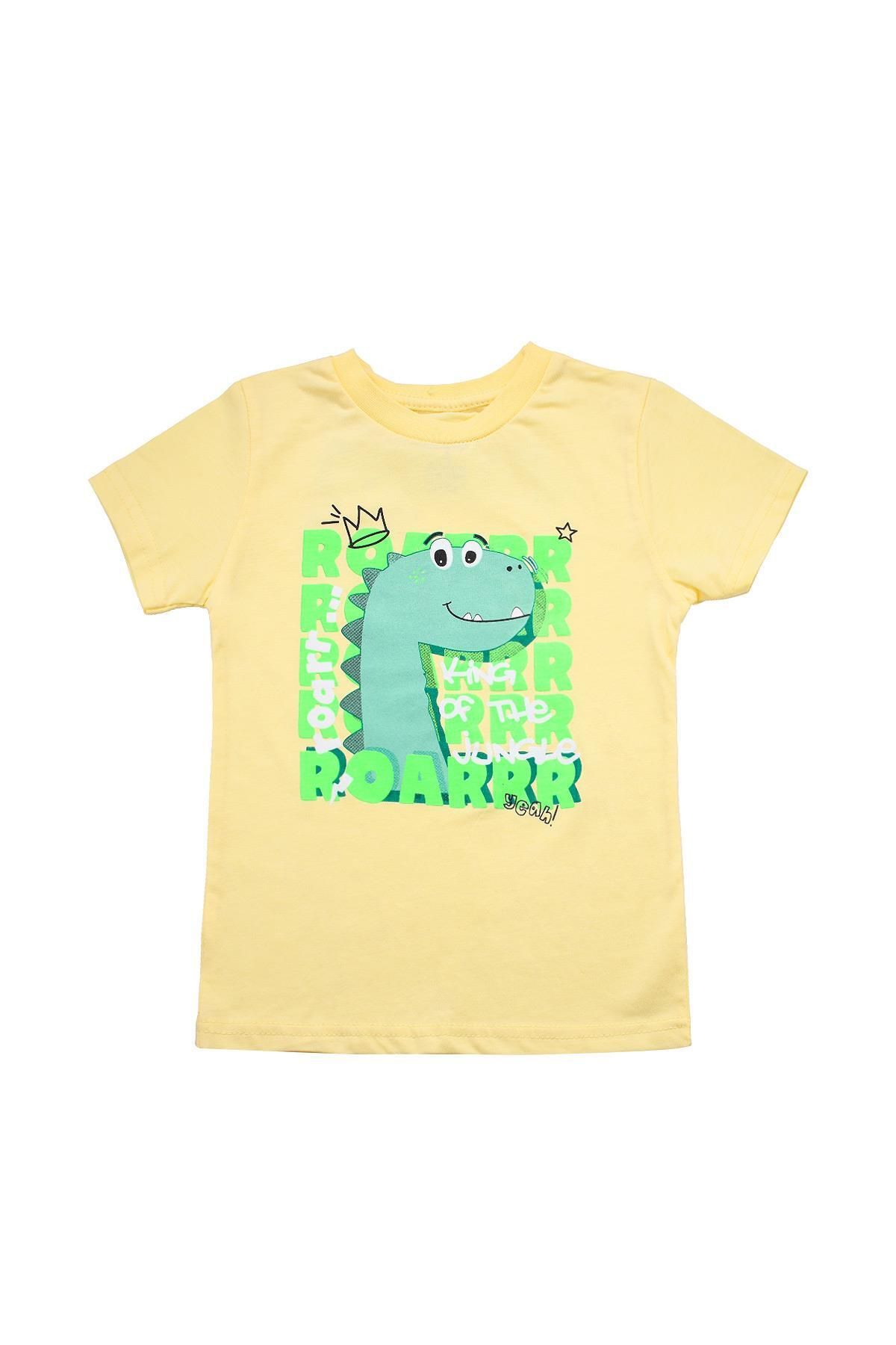 Alme Sevimli Dinozor Baskılı Erkek Bebek Tshirt Sarı