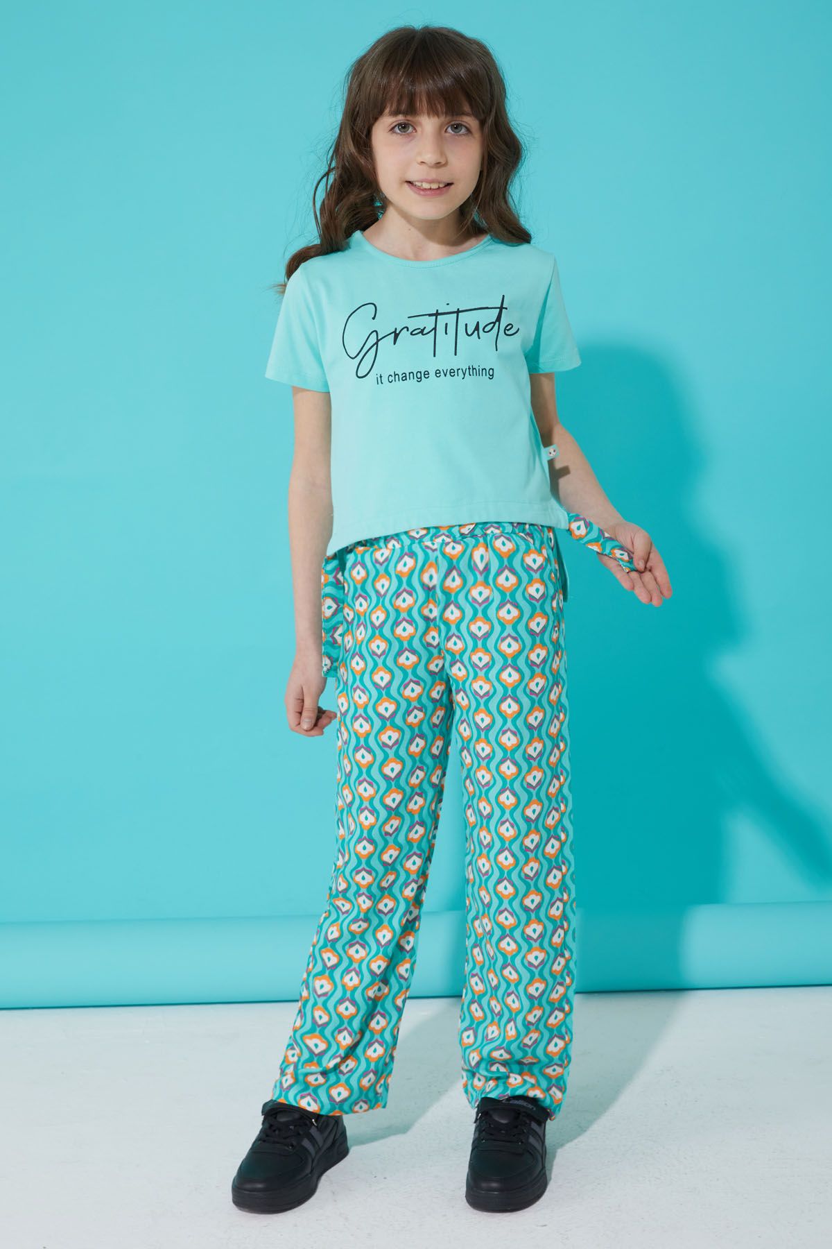 Cansın Mini Kız Çocuk Turkuaz Yazılı Pantolonlu Bluz Takım 15272