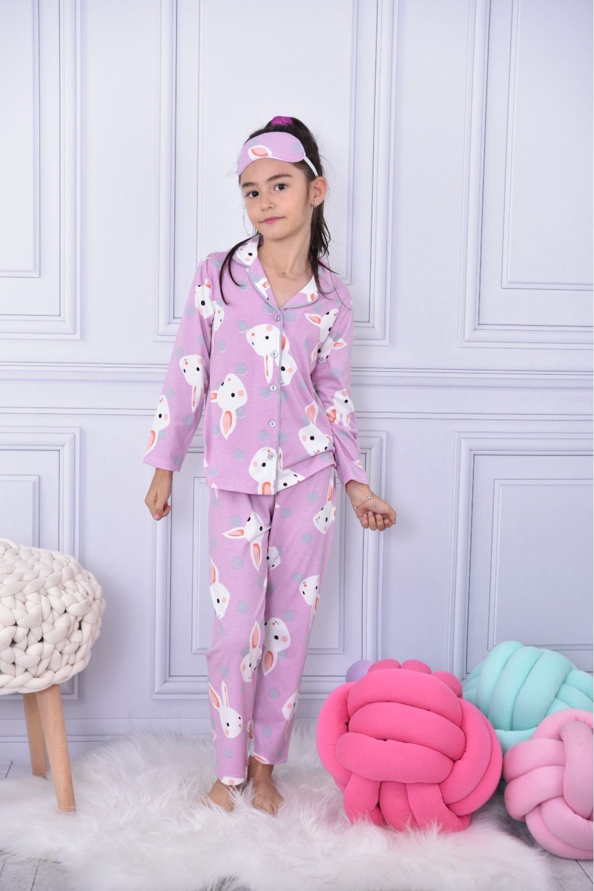 Cansın Mini Koyu Pembe Tavşanlı Puantiyeli Kız Çocuk Pijama Takımı 17088