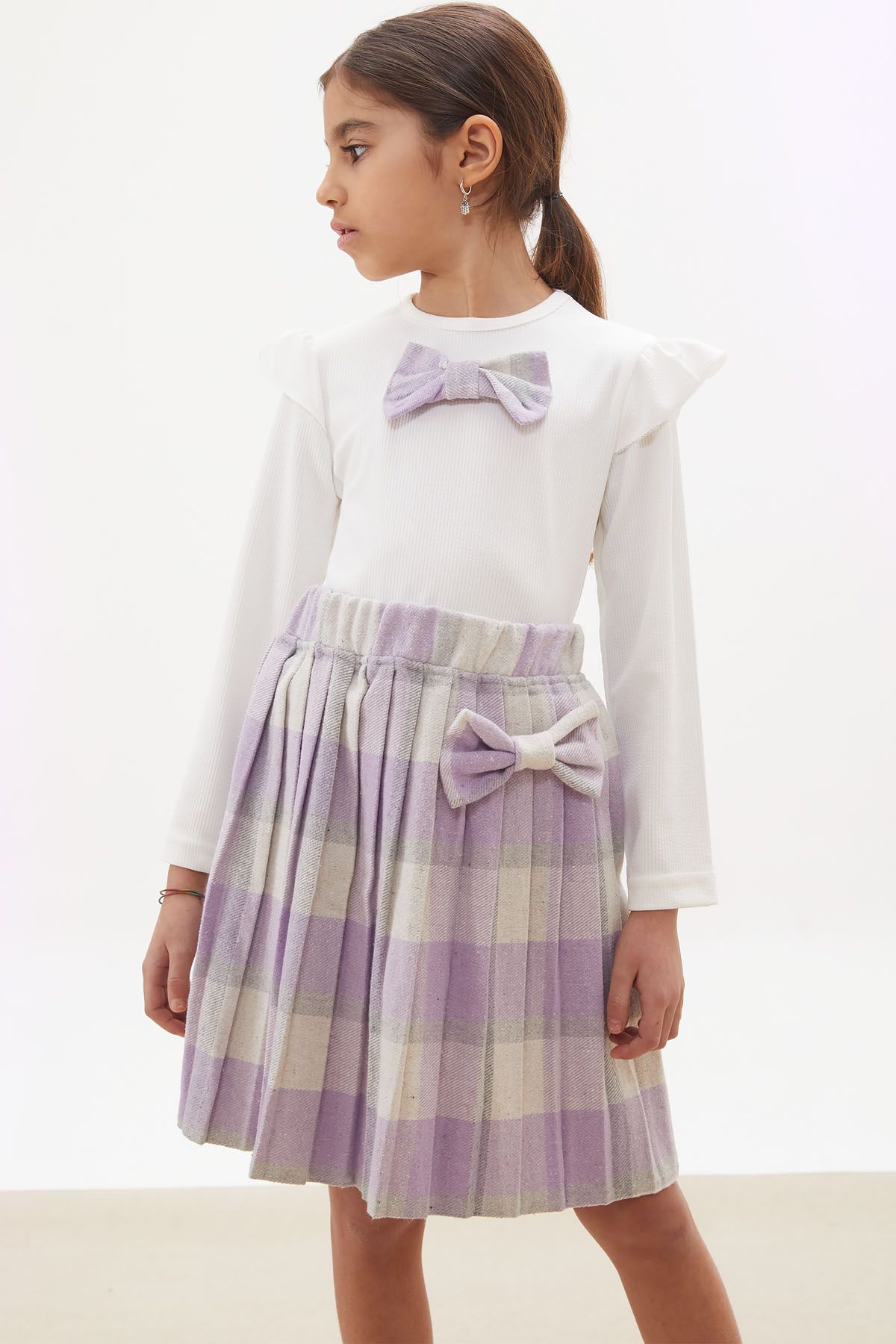 Cansın Mini Lila Ekose Etekli Fiyonklu Badili Kız Çocuk Elbise Takımı 5-9 Yaş 17737