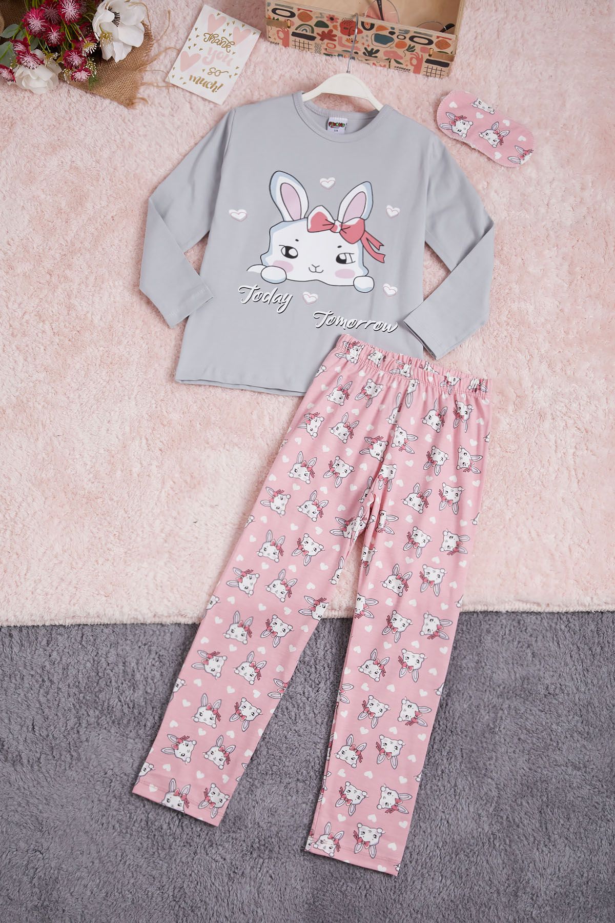 Cansın Mini Gri Fiyonklu Kedili Kız Çocuk Pijama Takımı 16336