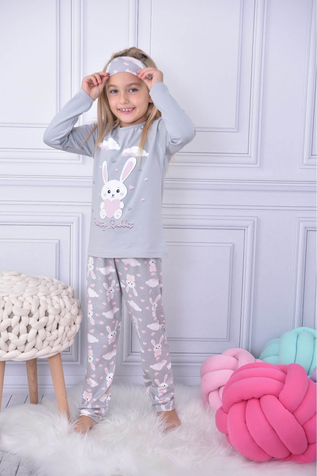 Cansın Mini Gri Tavşanlı Bulut Desenli Kız Çocuk Pijama Takımı 17037