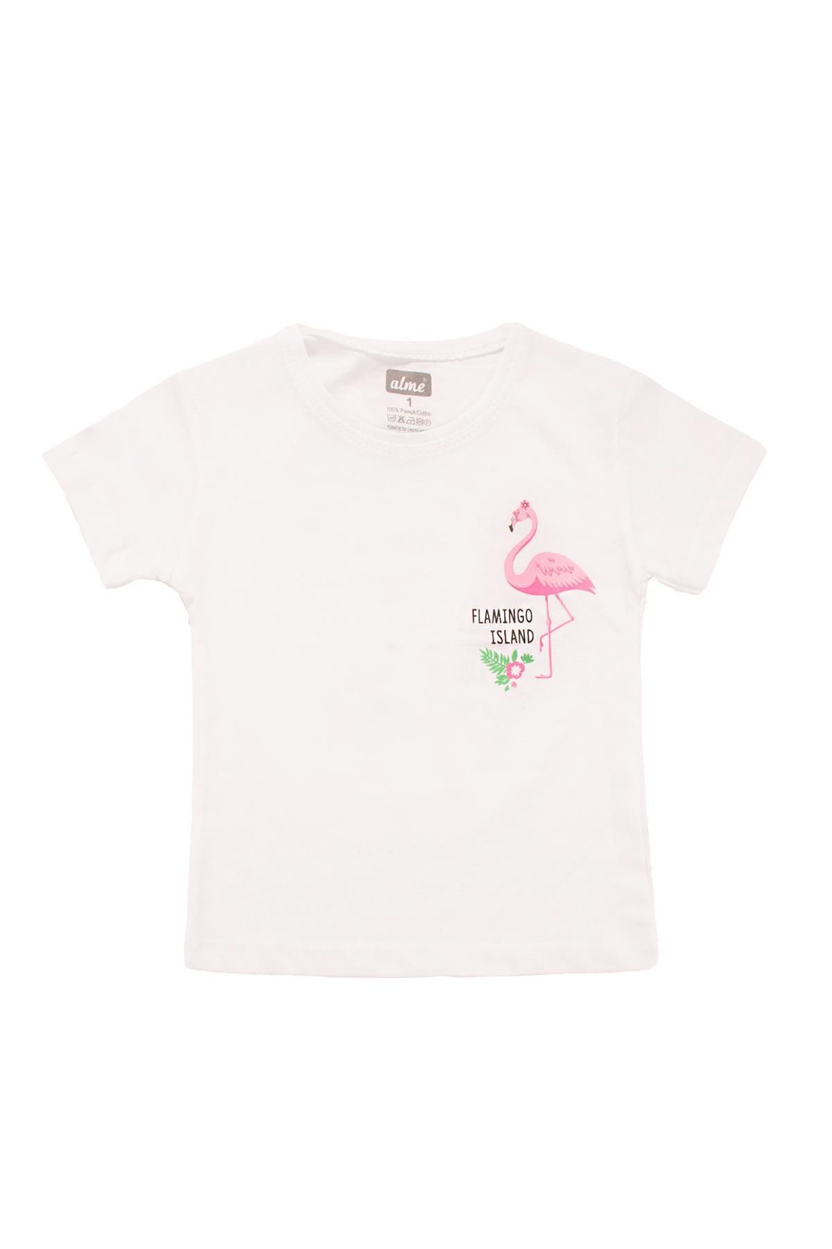 Alme Flamingo Baskılı Kız Bebek Tshirt Beyaz