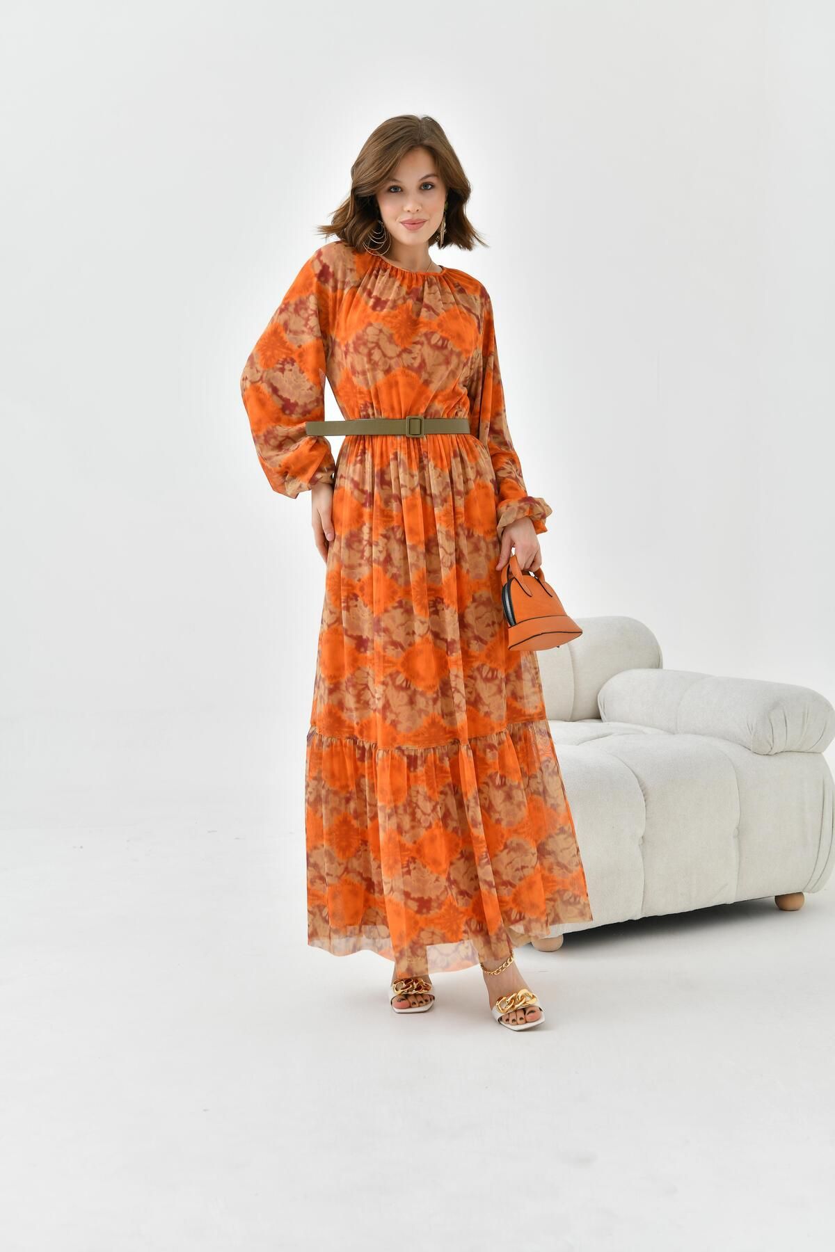 FTZ WOMEN Kadın Desenli Tül Elbise Orange 30763