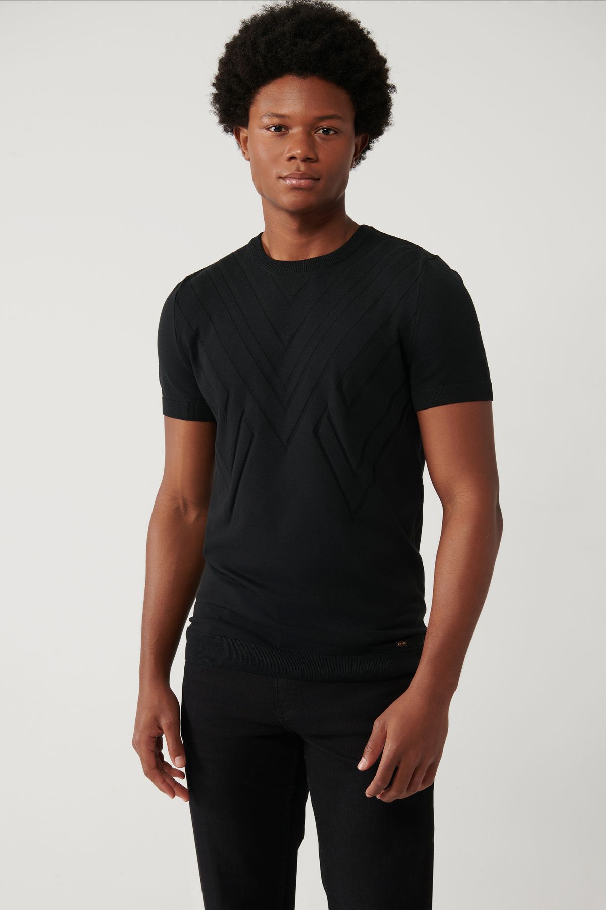 Avva Erkek Siyah Bisiklet Yaka Geometrik Desen Detaylı Regular Fit Triko T-shirt A41y5015