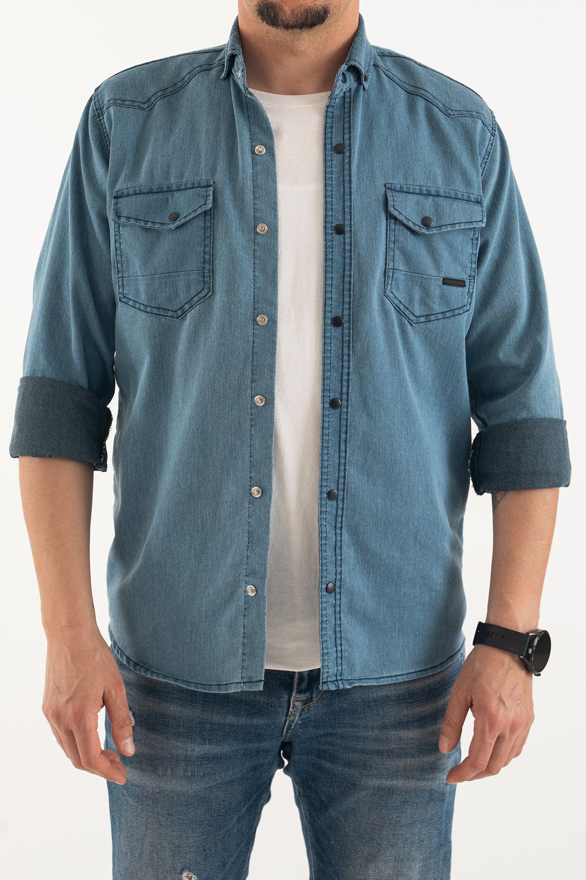 YXC Trend Maker Erkek Lacivert Slim Fit Dar Kalıp Pamuklu Kot Gömlek