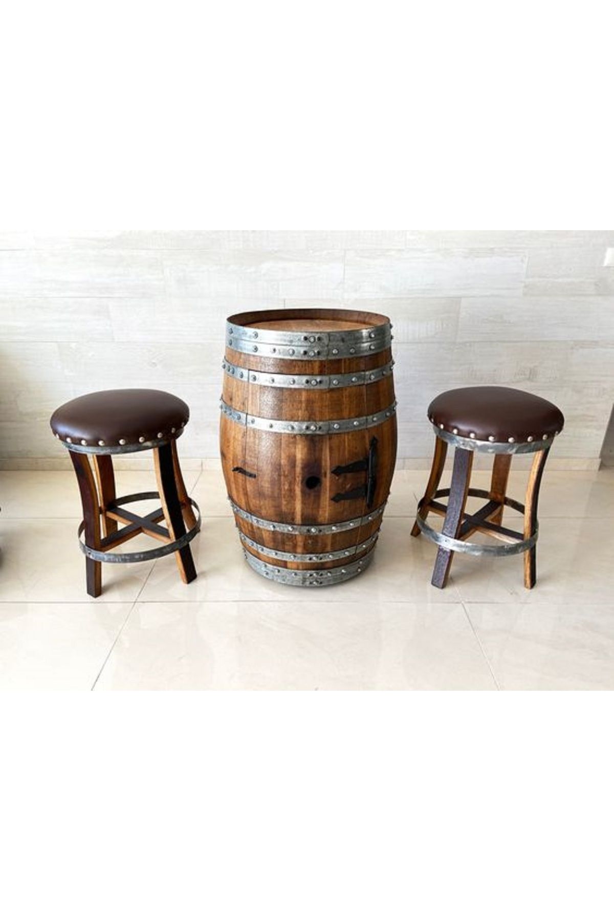 ROYS AHŞAP Roys Ahşap 80 Cm Kapaklkı Meşe Şarap Fıçısı Raflı Şaraplık Bar Masası