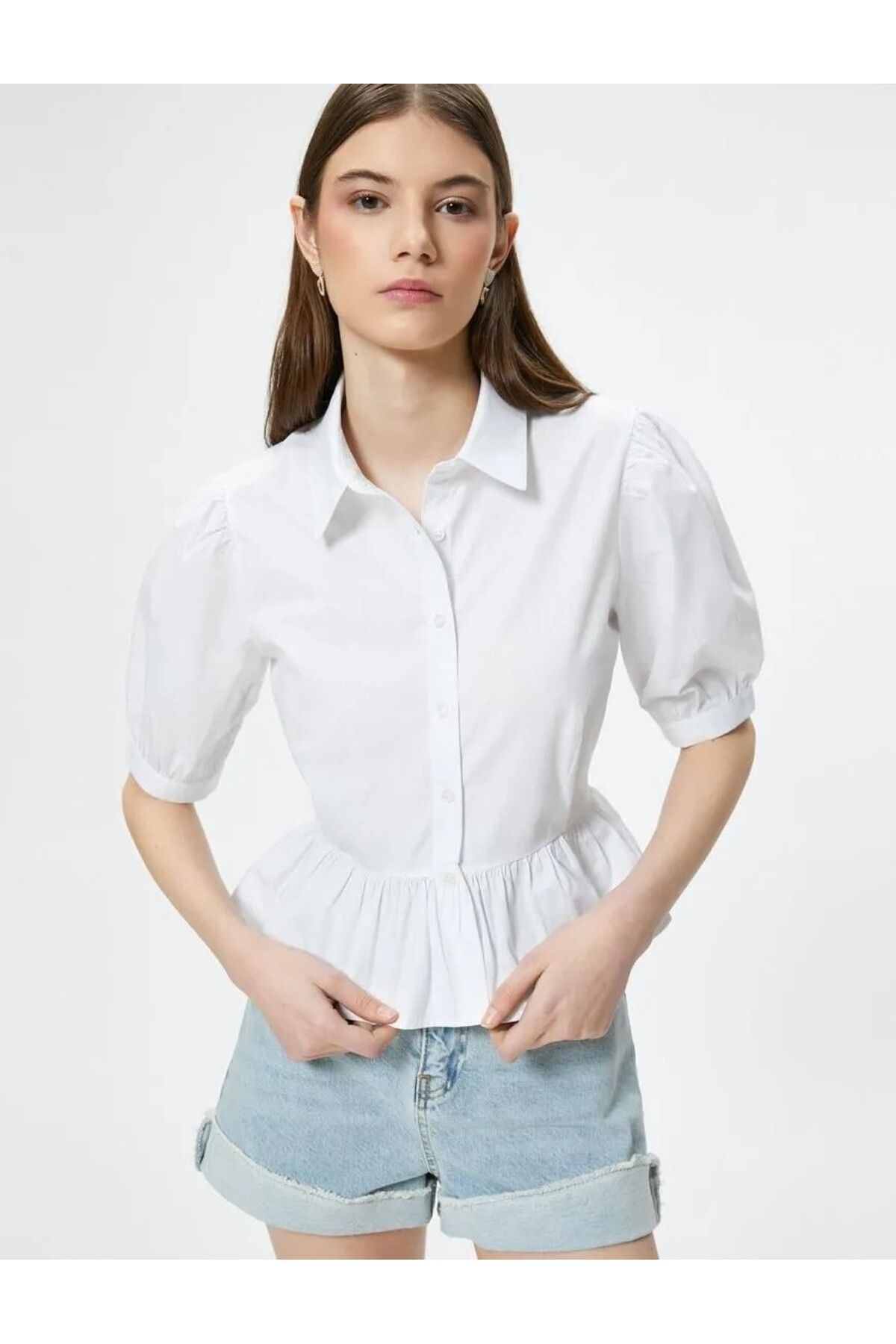 Koton Kadın Kısa Kol Gömlek 4sal60010ıw Beyaz