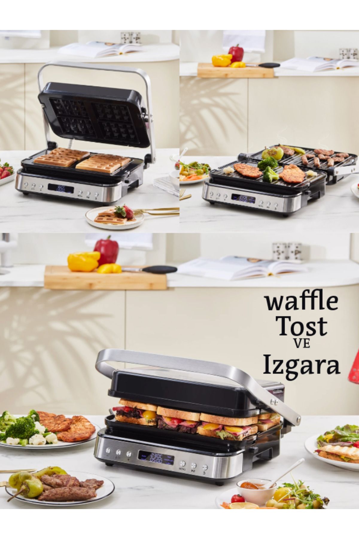 Karaca Izgara Waffle ve Tost Makinesi 3 Ürün 1 Arada Digital Inox 6 Dilim Tost Makinesi 2000W