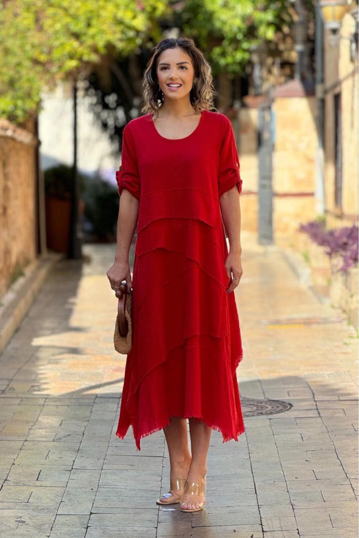 Nevin Kaya Moda Kırmızı Özel Tasarım %100 Keten Datça Elbise
